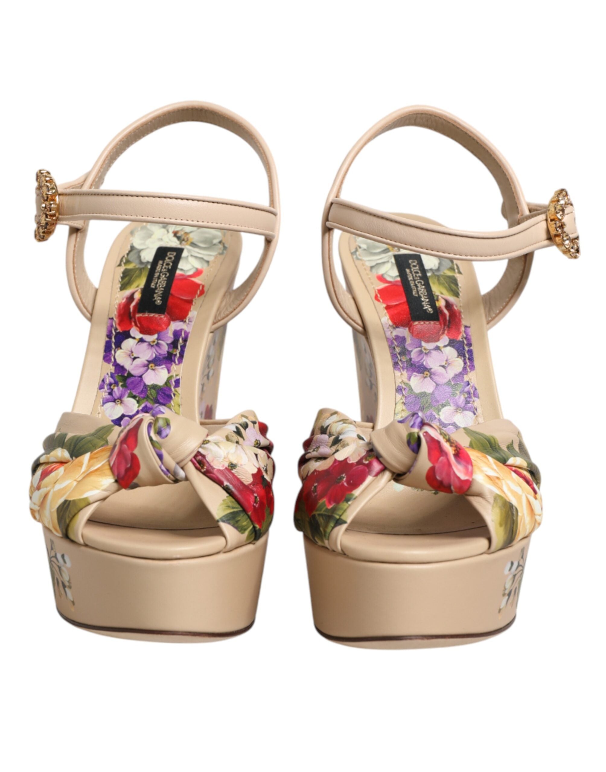 Dolce & Gabbana Beige Floral Ankle Strap Wedge Sandals Women's Shoes