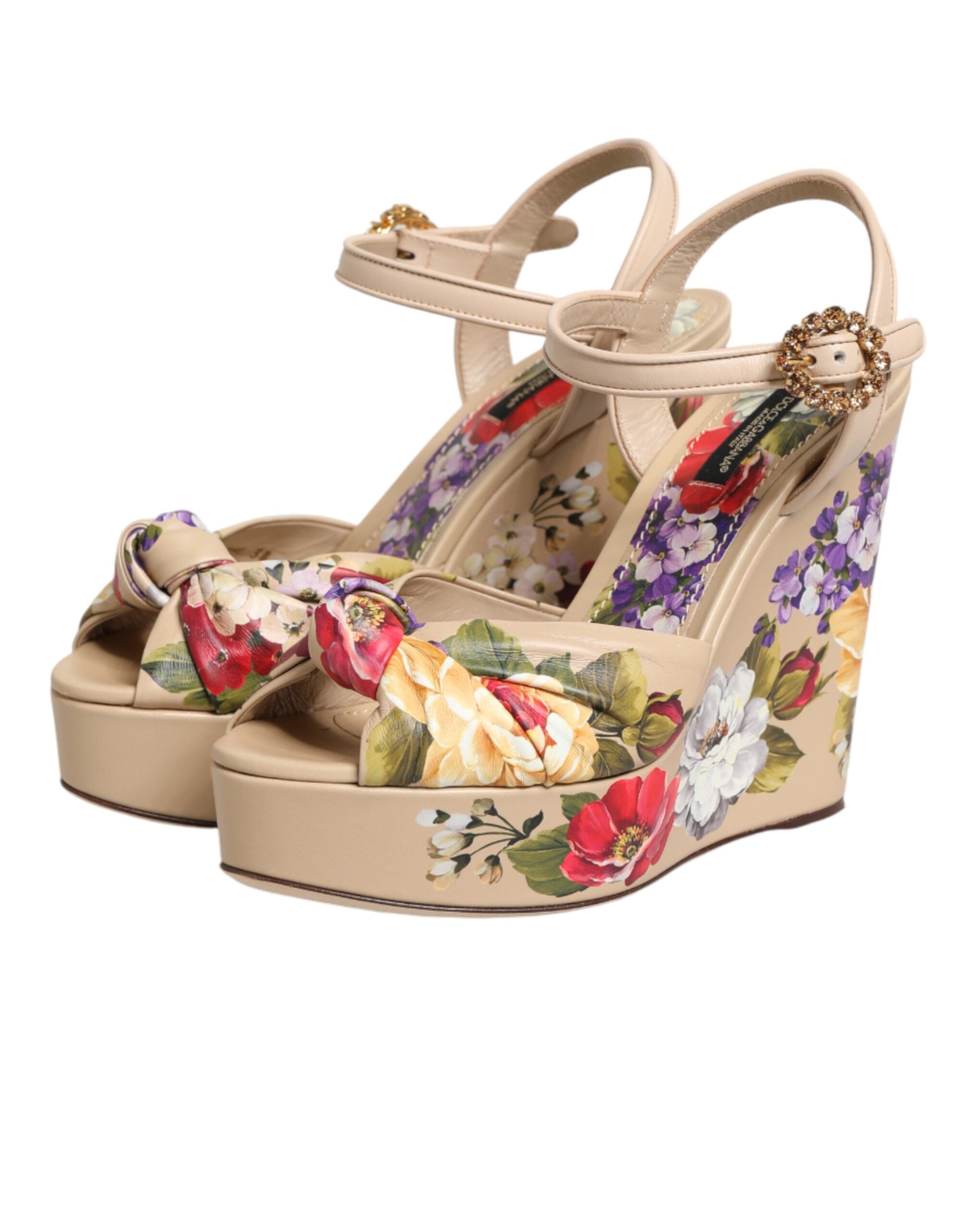 Dolce & Gabbana Beige Floral Ankle Strap Wedge Sandals Women's Shoes