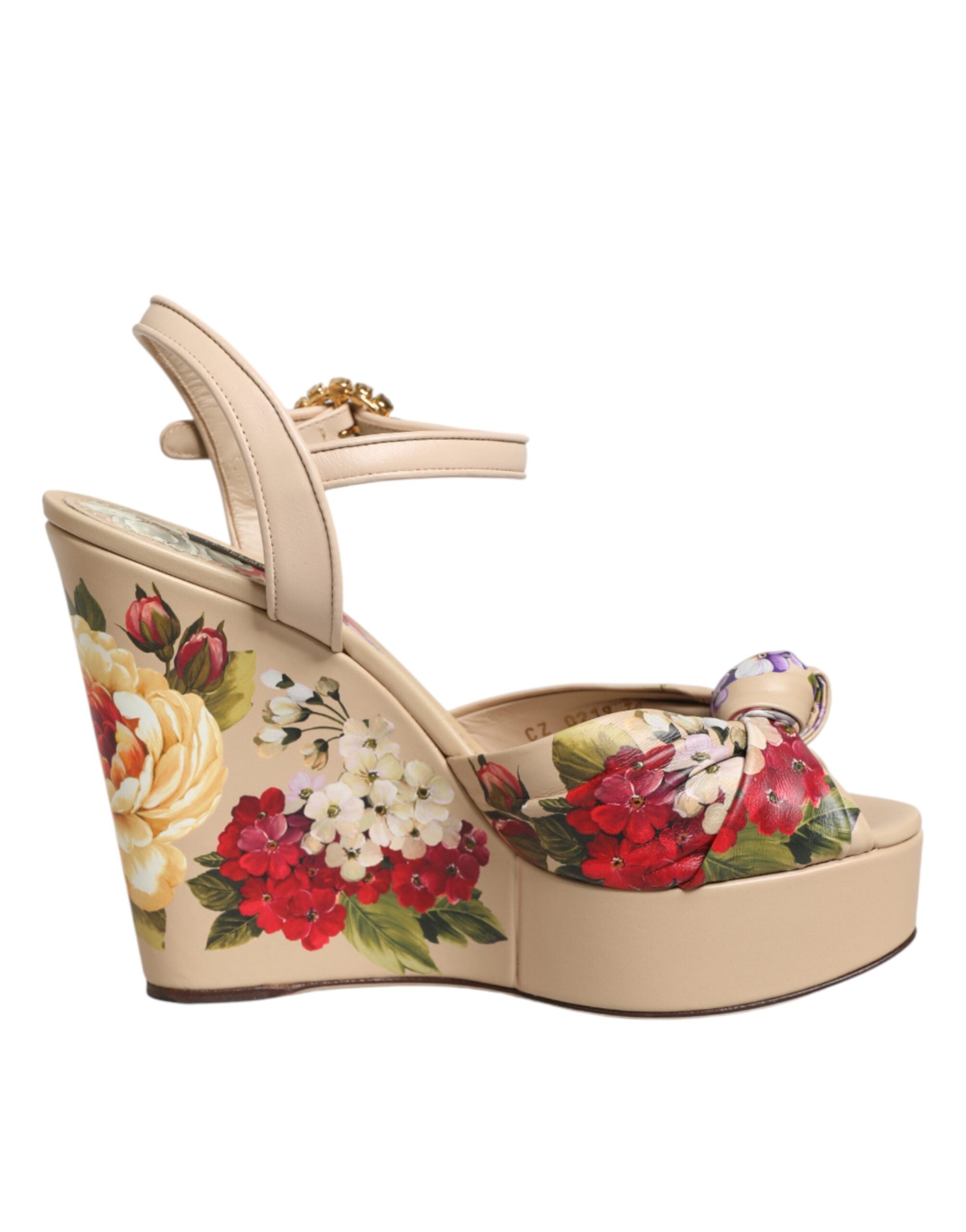 Dolce & Gabbana Beige Floral Ankle Strap Wedge Sandals Women's Shoes