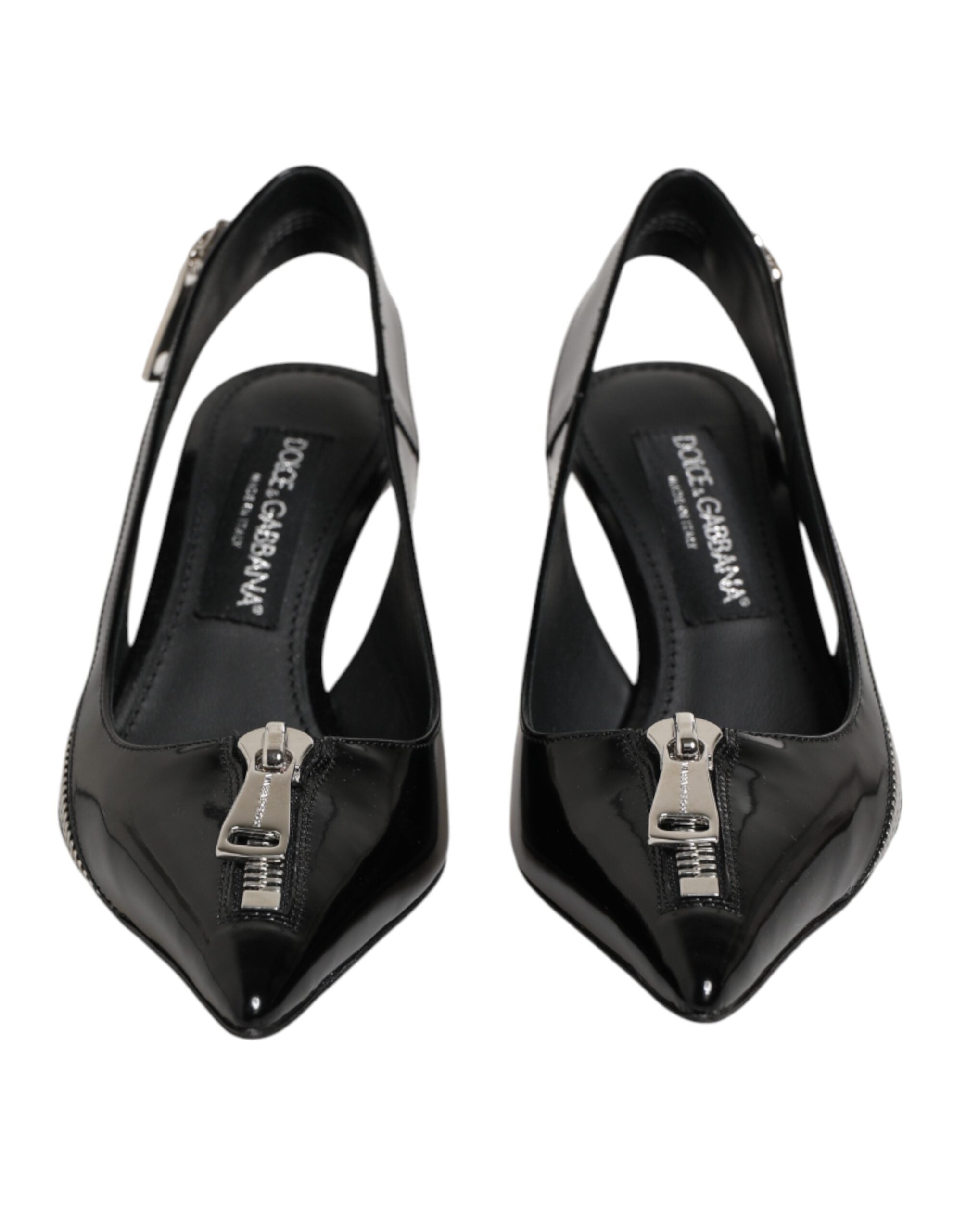 Dolce & Gabbana Black Zipper Leather Heels Slingbacks Women's Shoes