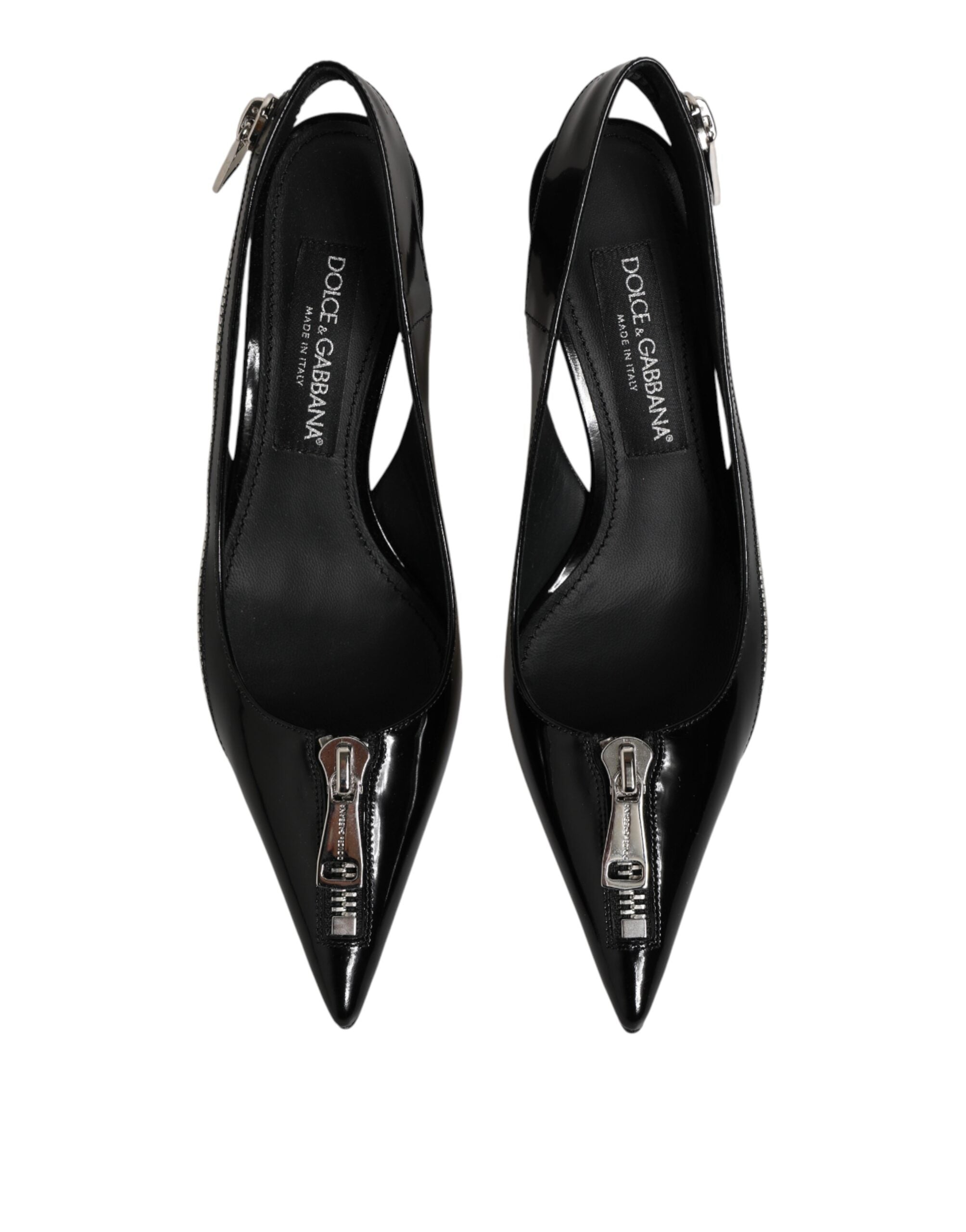 Dolce & Gabbana Black Zipper Leather Heels Slingbacks Women's Shoes