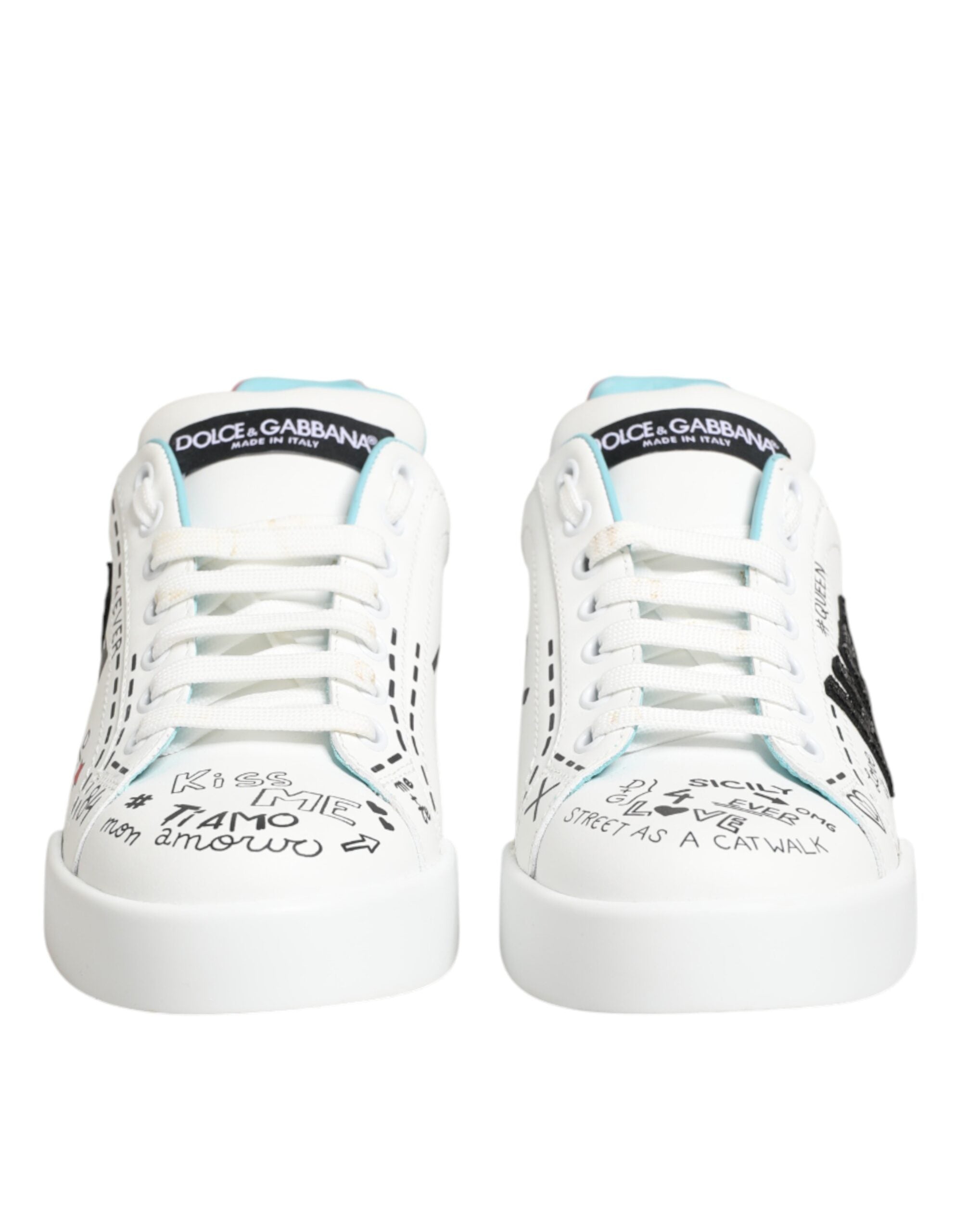 Dolce & Gabbana White Leather Graffiti Low Top Sneakers Women's Shoes