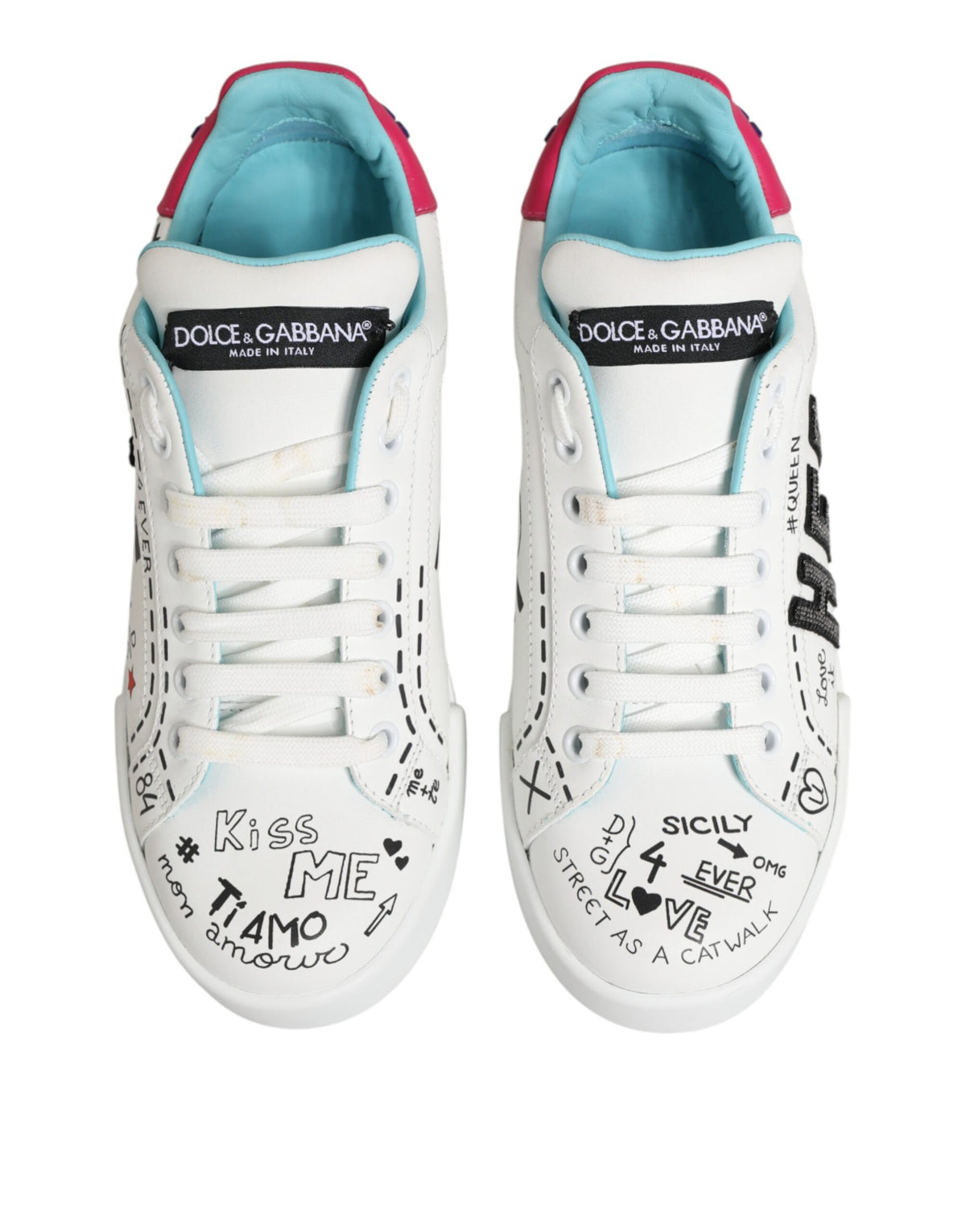 Dolce & Gabbana White Leather Graffiti Low Top Sneakers Women's Shoes
