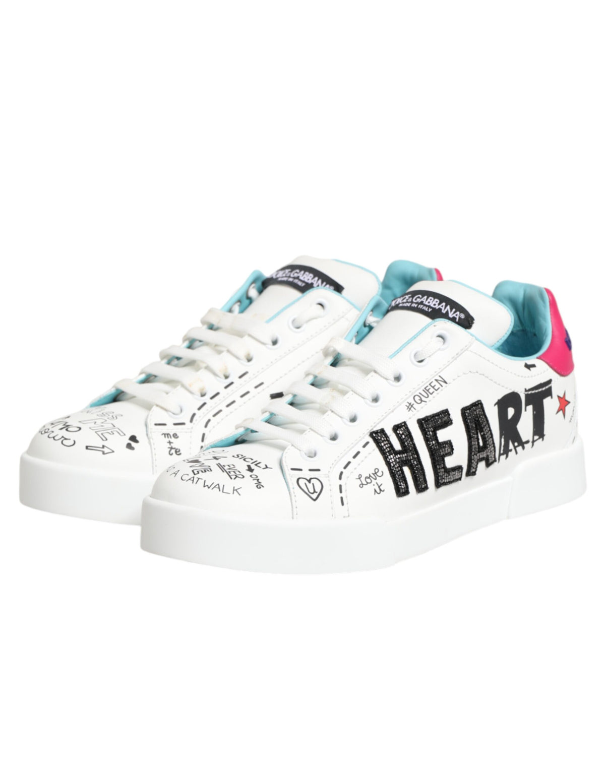 Dolce & Gabbana White Leather Graffiti Low Top Sneakers Women's Shoes