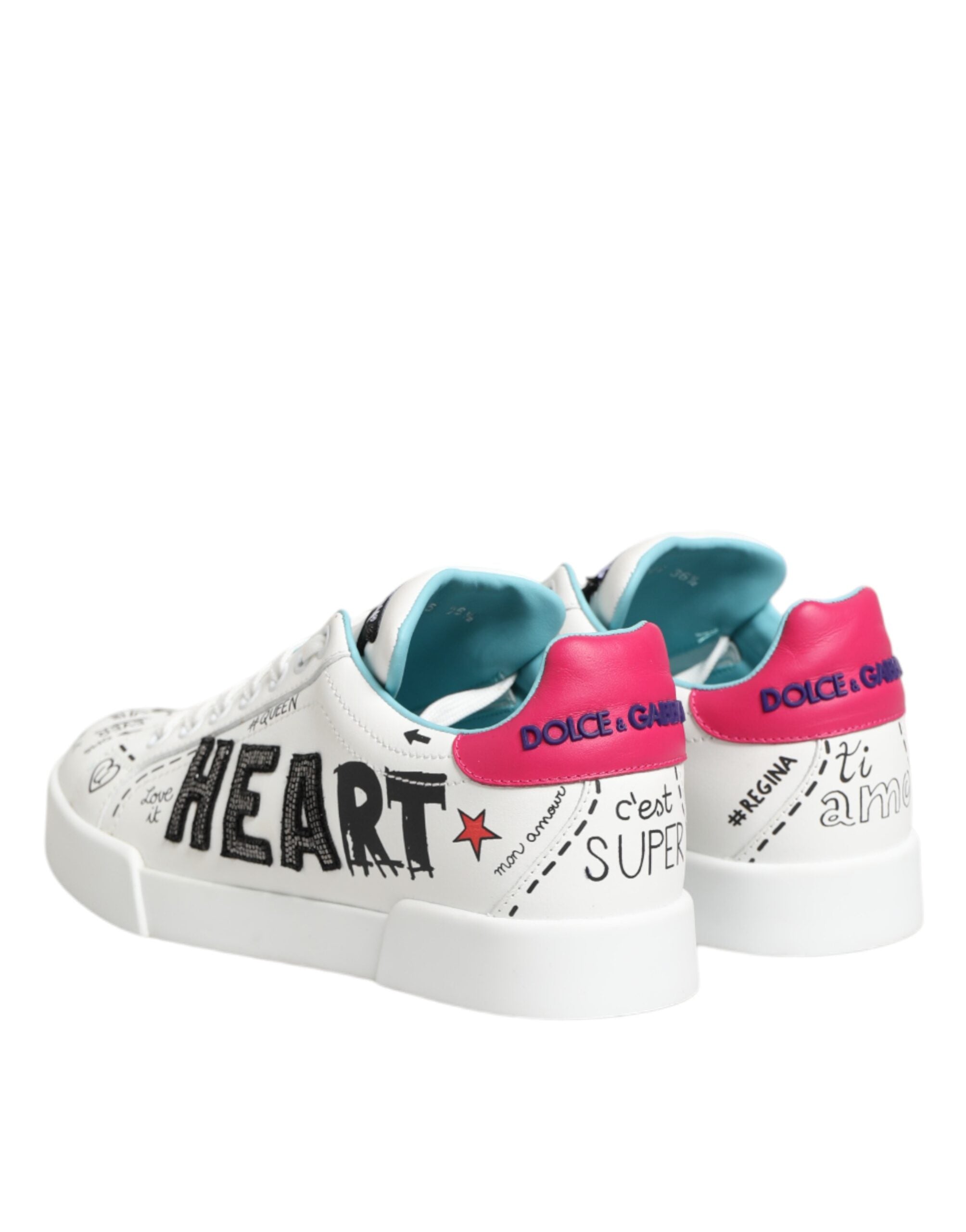 Dolce & Gabbana White Leather Graffiti Low Top Sneakers Women's Shoes