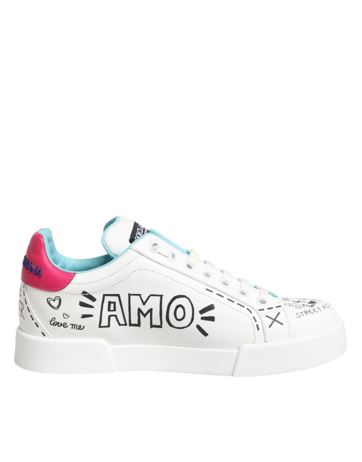 Dolce & Gabbana White Leather Graffiti Low Top Sneakers Women's Shoes