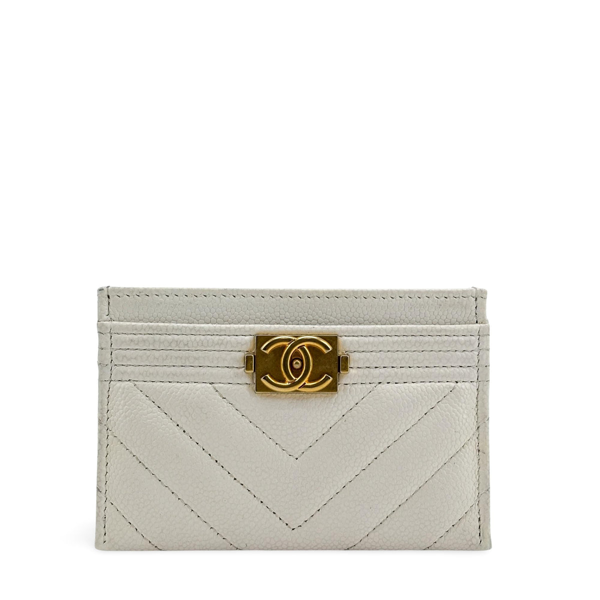 Chanel Boy Card Holder Chevron Caviar White Leather Card Holders Accessory (Pre-Owned)
