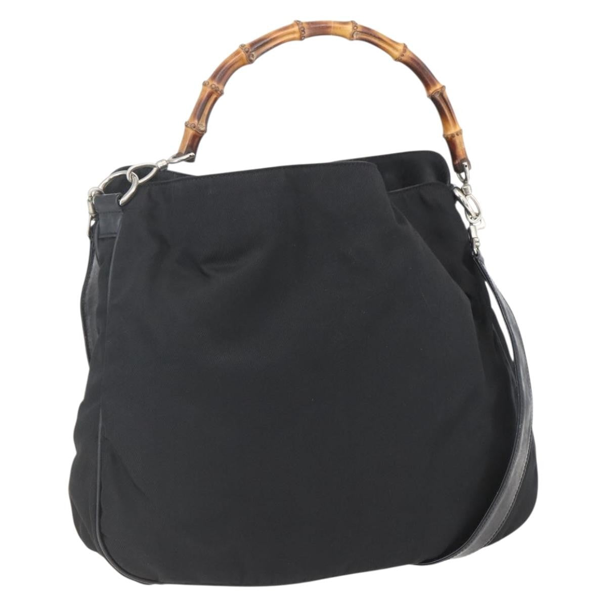 Gucci Vintage Bamboo Nylon And Patent Leather Black Nylon Handbag (Pre-Owned)