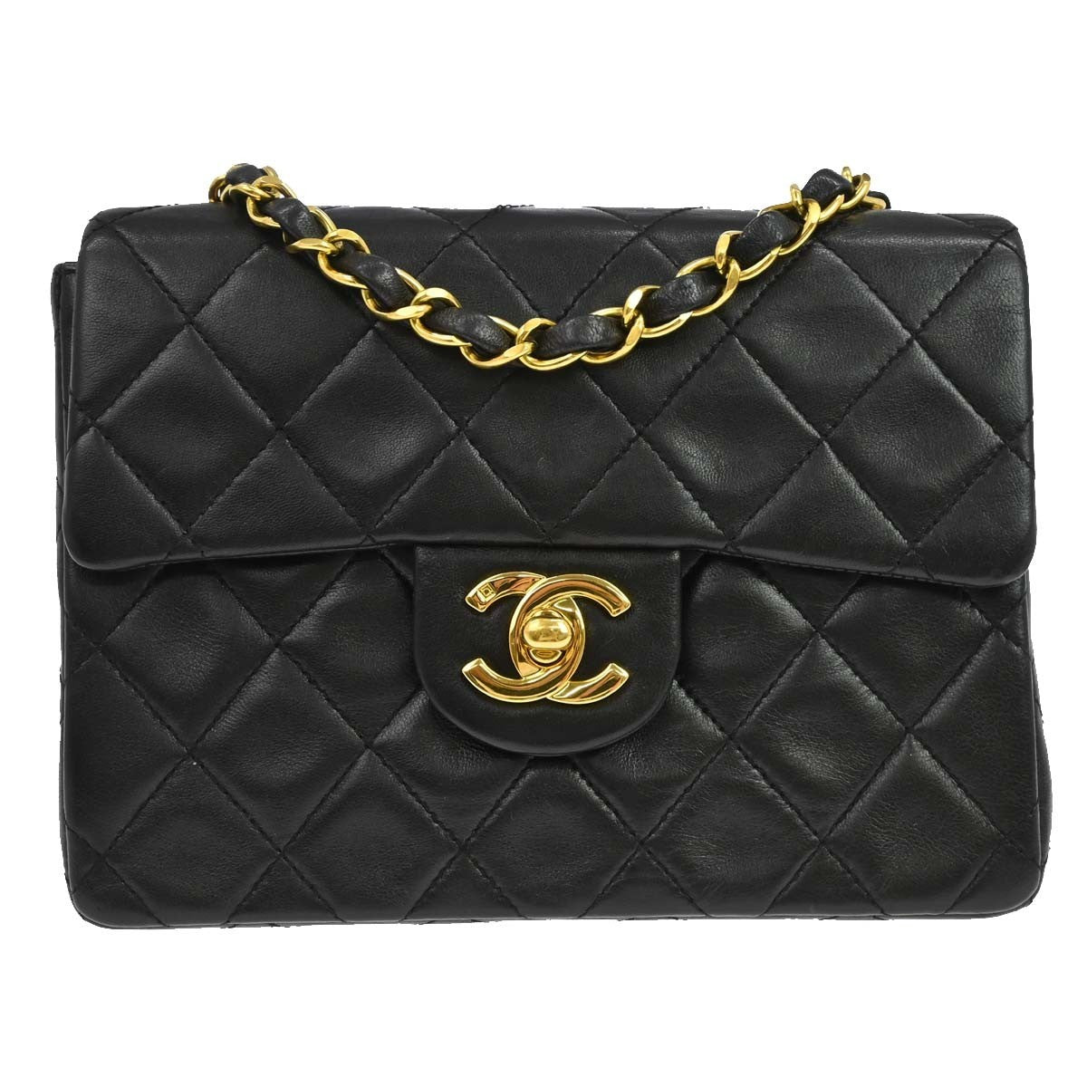 Chanel Vintage Square Classic Single Flap Quilted Lambskin Black Leather Handbag (Pre-Owned)