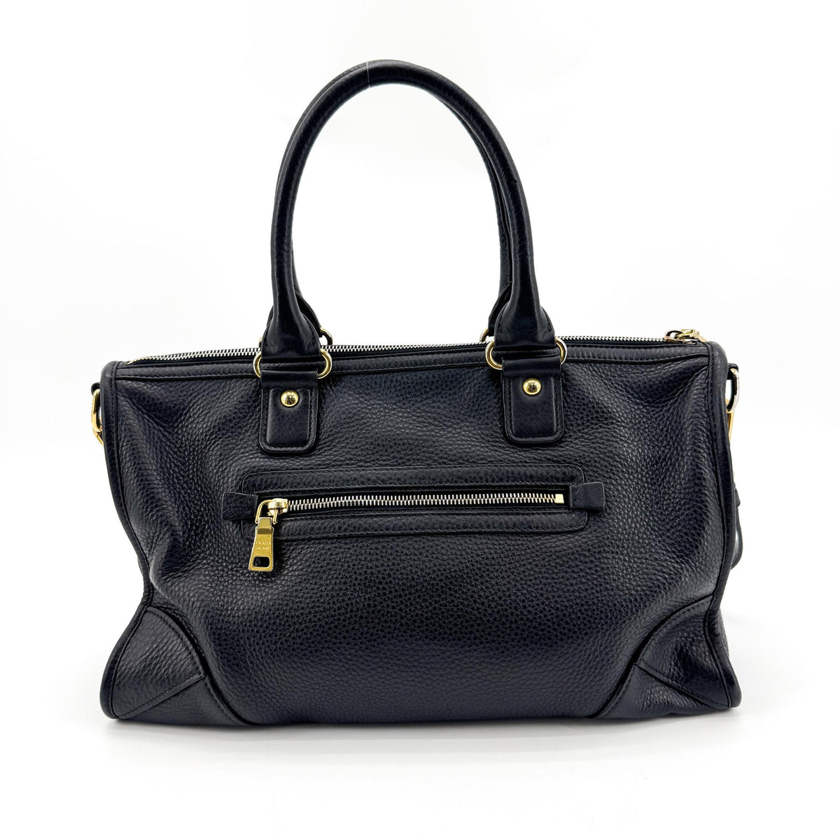 Prada Front Zip Convertible Satchel Vitello Phenix Black Leather Handbag (Pre-Owned)