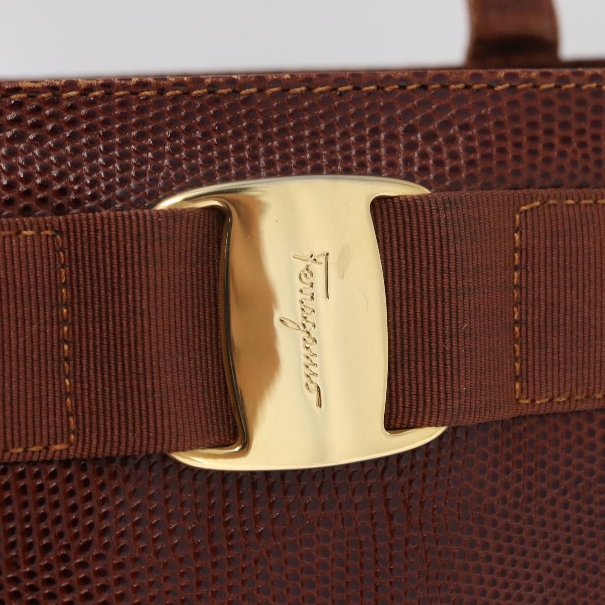 Salvatore Ferragamo Vintage Vara Bow Tote Lizard Embossed Leather Brown Leather Tote Bag Bag (Pre-Owned)