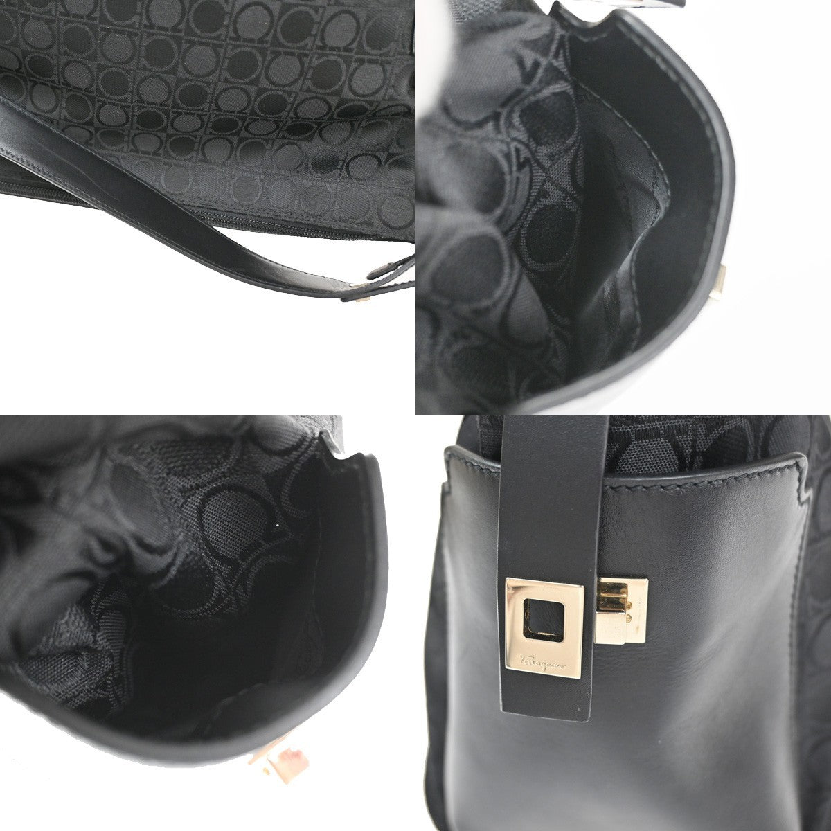 Salvatore Ferragamo Gancini Zip Leather Black Canvas Shoulder Bag Bag (Pre-Owned)