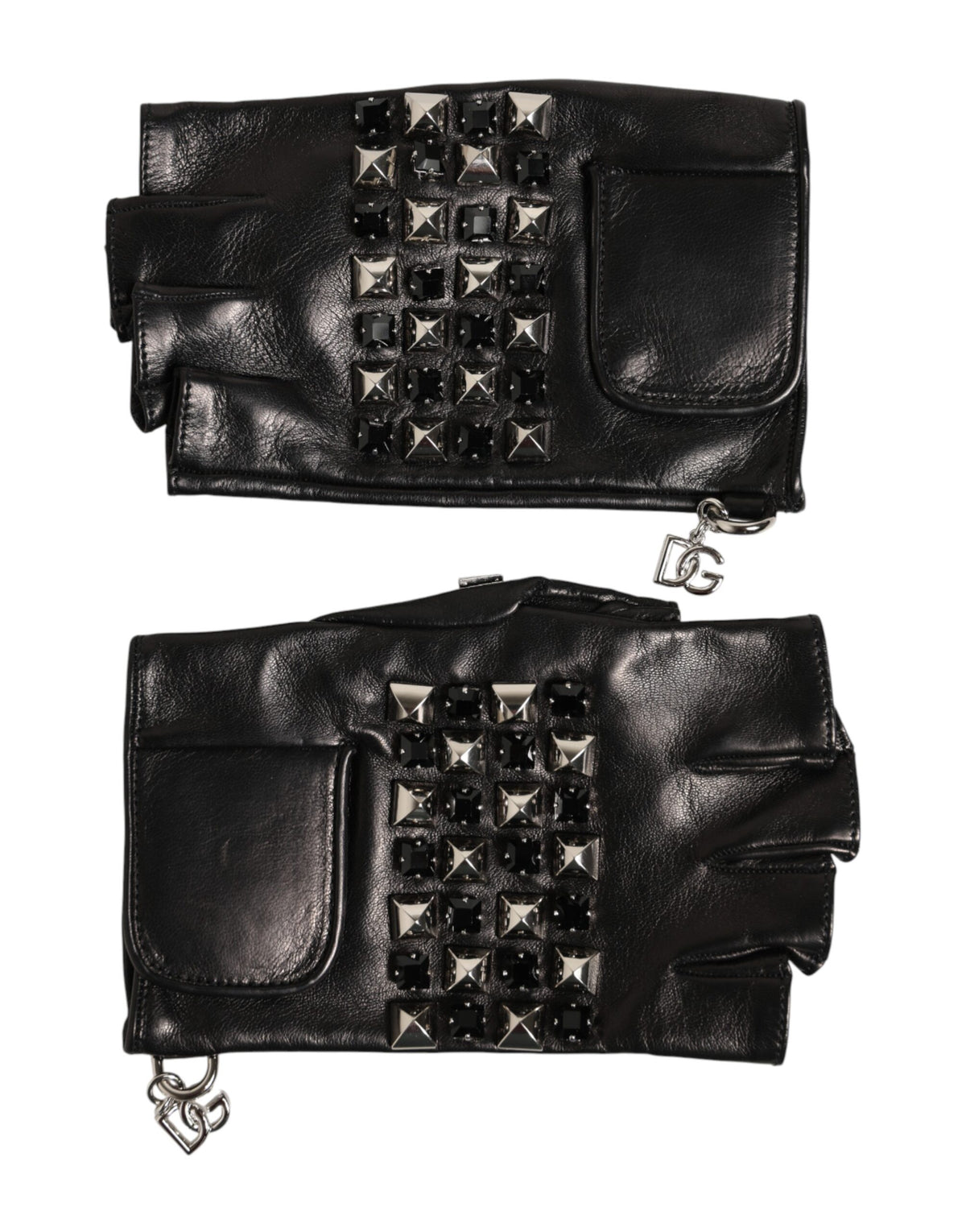 Dolce & Gabbana Black Leather Studded Fingerless Hand Mitten Men Men's Gloves