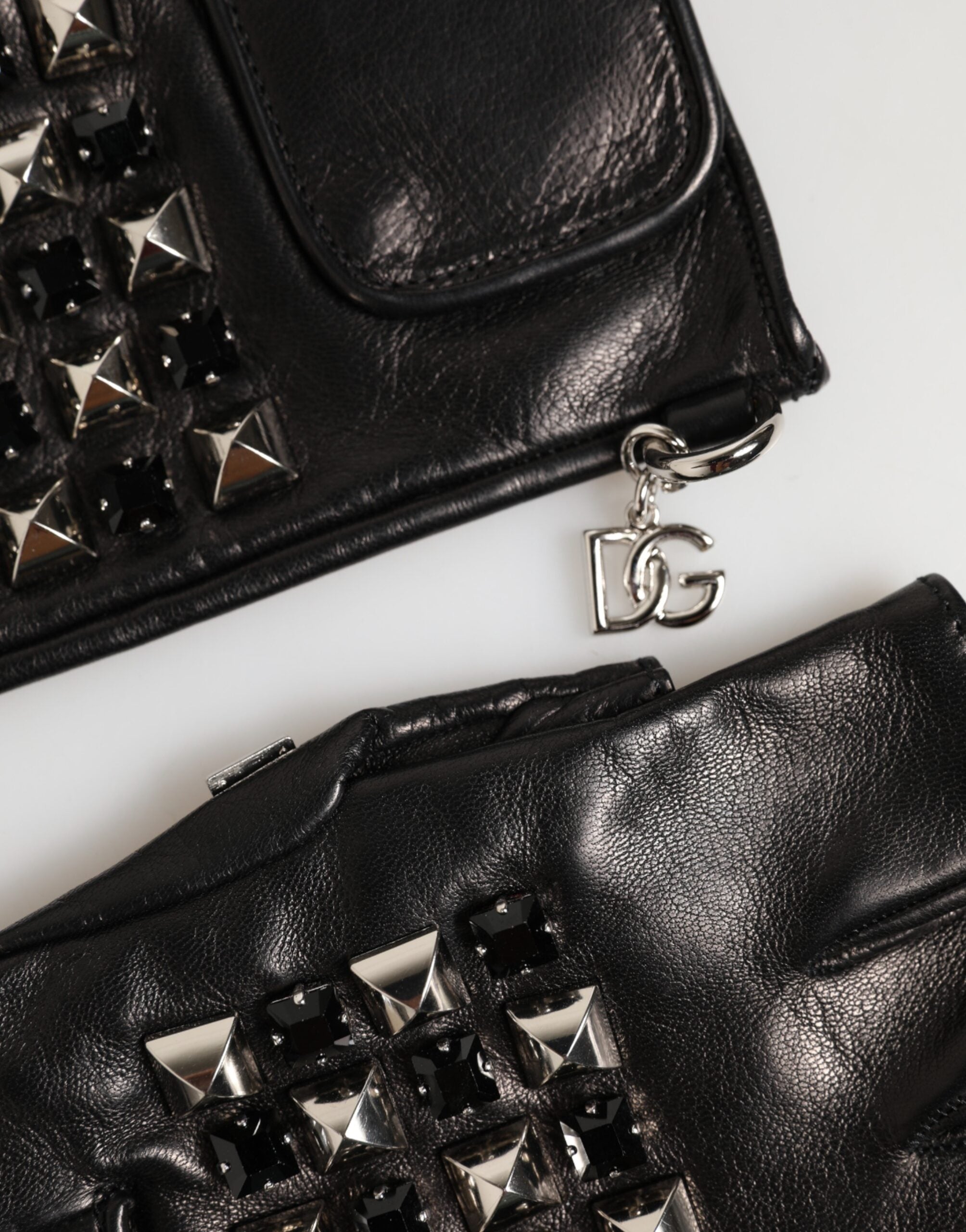 Dolce & Gabbana Black Leather Studded Fingerless Hand Mitten Men Men's Gloves