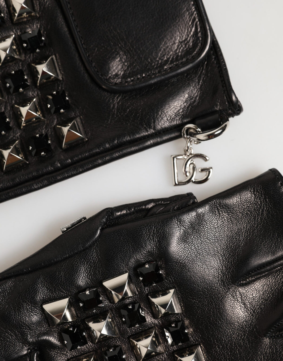Dolce & Gabbana Black Leather Studded Fingerless Hand Mitten Men Men's Gloves