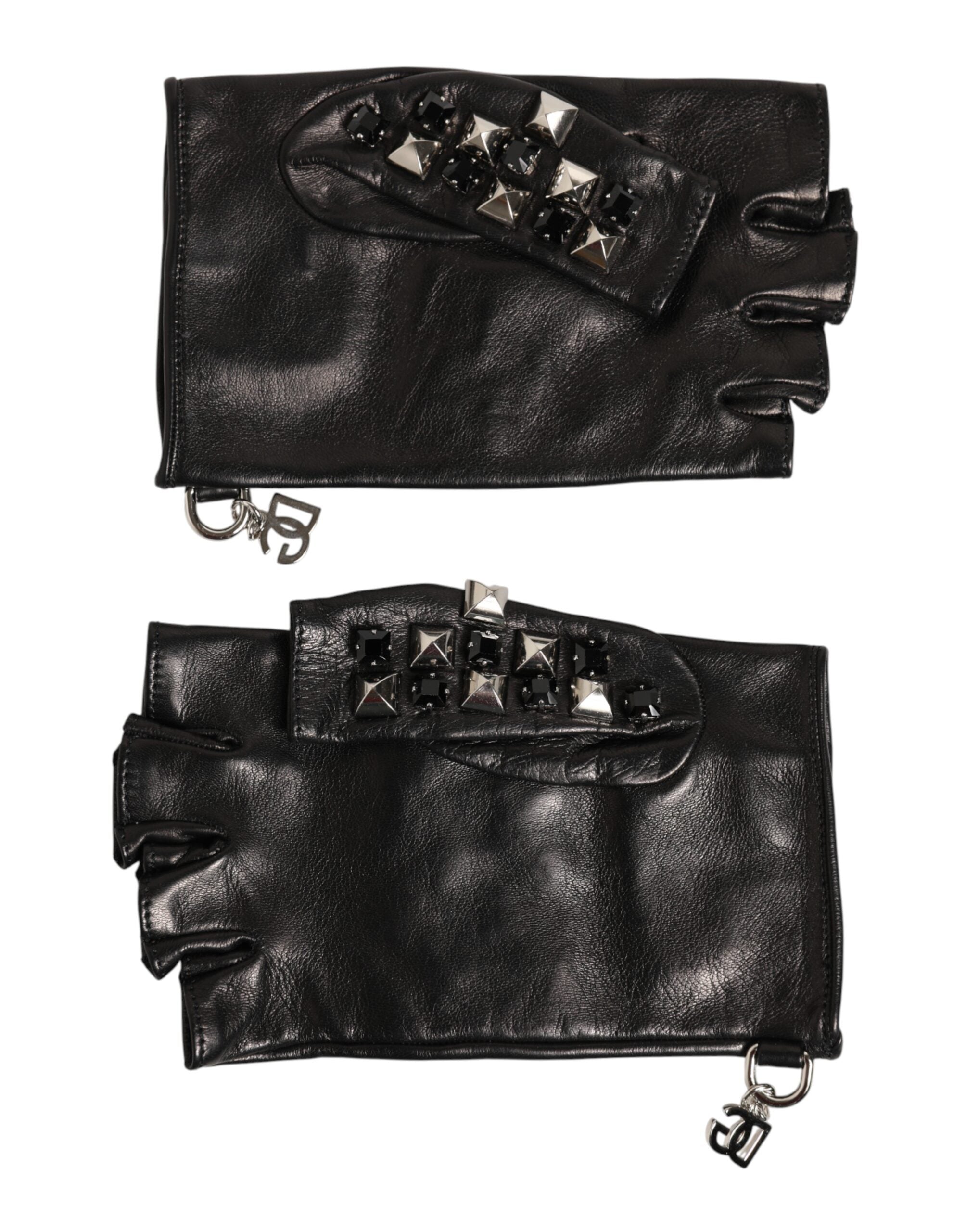 Dolce & Gabbana Black Leather Studded Fingerless Hand Mitten Men Men's Gloves
