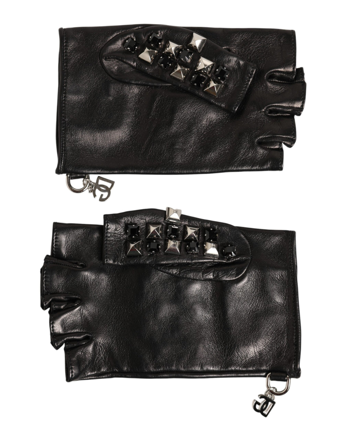 Dolce & Gabbana Black Leather Studded Fingerless Hand Mitten Men Men's Gloves