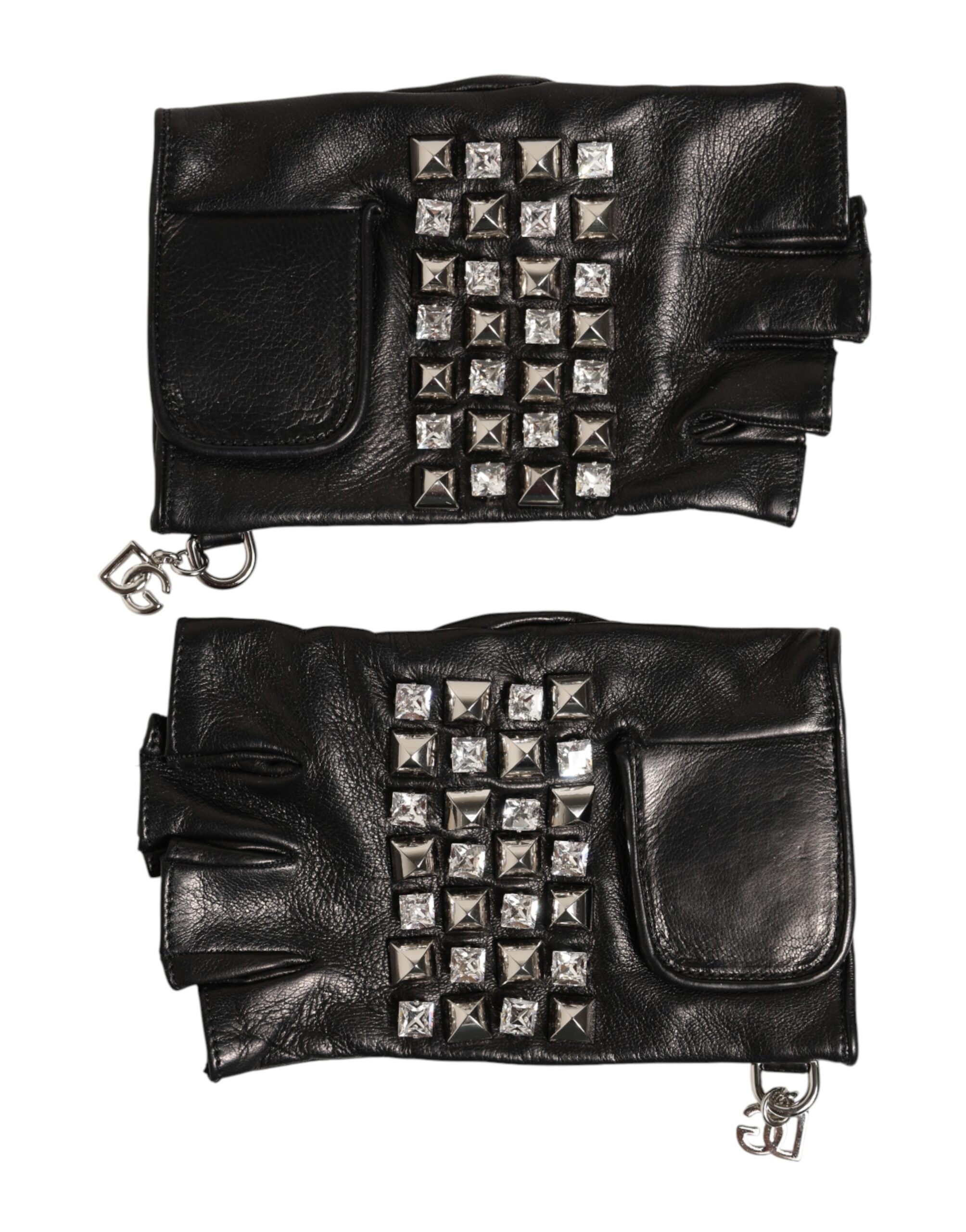 Dolce & Gabbana Black Leather Studded Fingerless Hand Mitten Men Men's Gloves