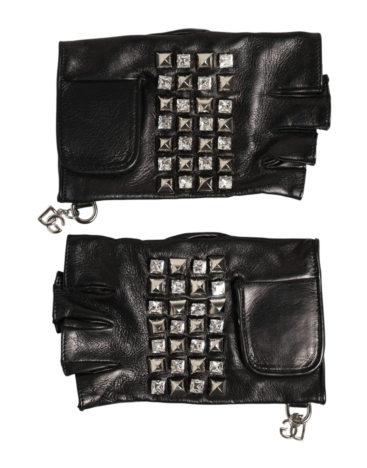 Dolce & Gabbana Black Leather Studded Fingerless Hand Mitten Men Men's Gloves
