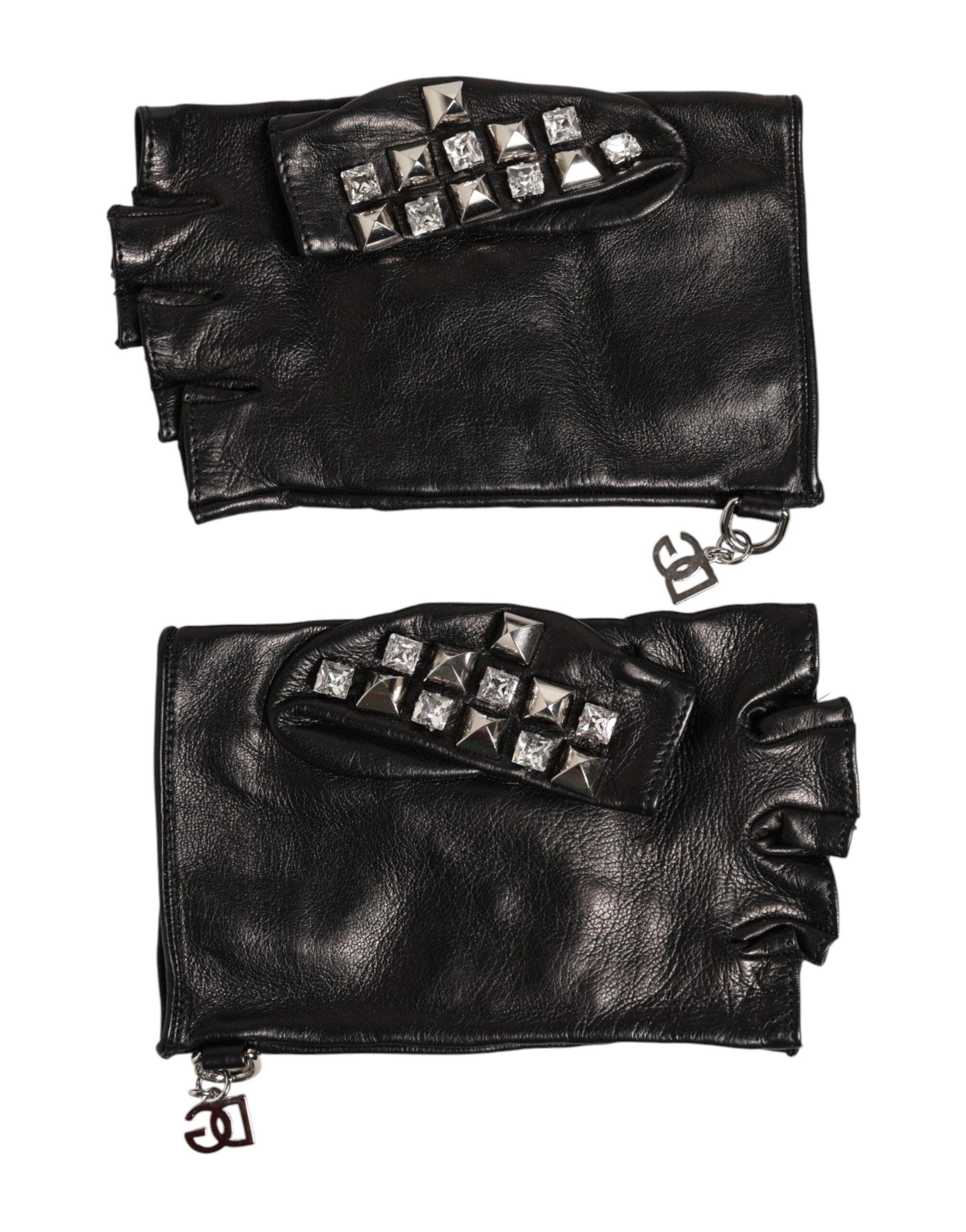 Dolce & Gabbana Black Leather Studded Fingerless Hand Mitten Men Men's Gloves