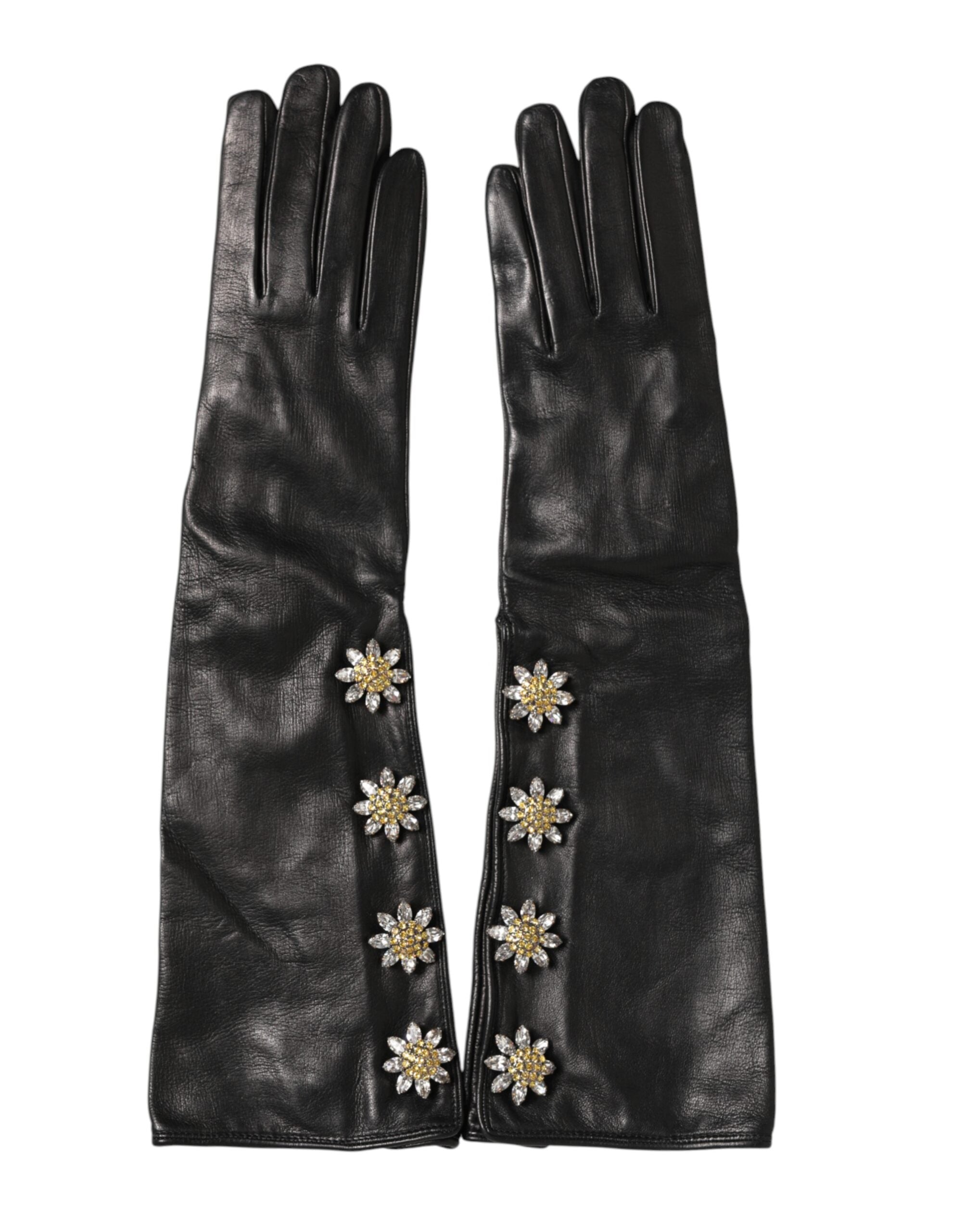 Dolce & Gabbana Black Leather Embellished Long Mitten Women's Gloves