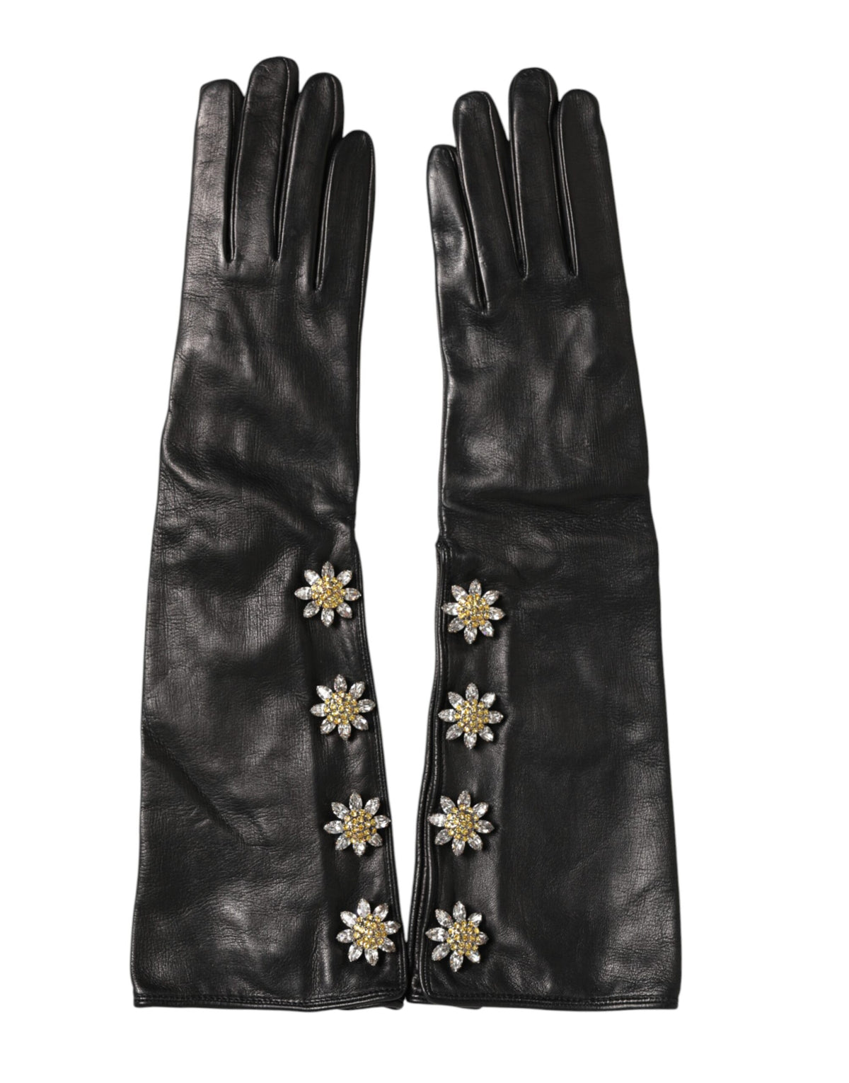 Dolce & Gabbana Black Leather Embellished Long Mitten Women's Gloves