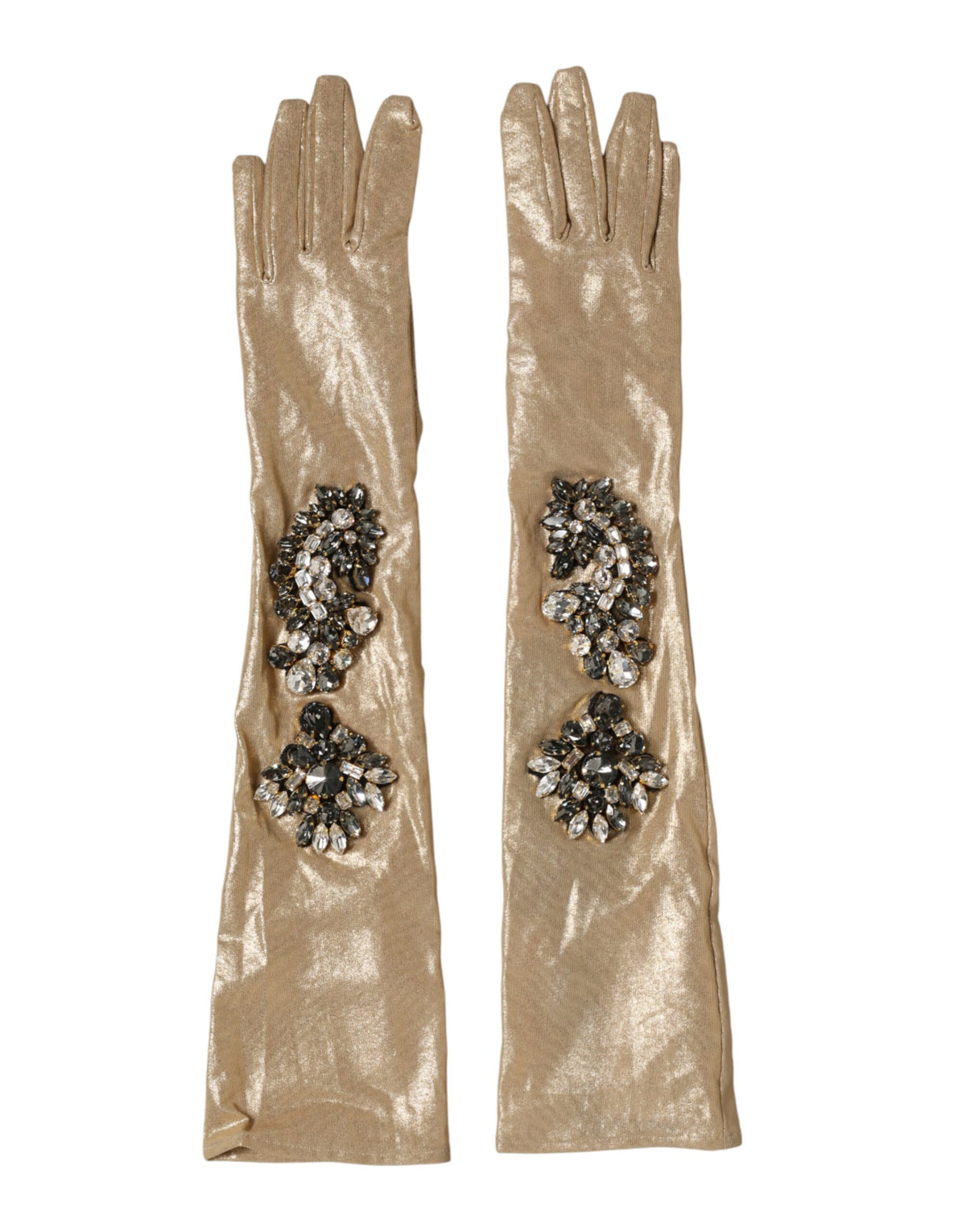 Dolce & Gabbana Beige Satin Crystal Elbow Length Mitten Women's Gloves