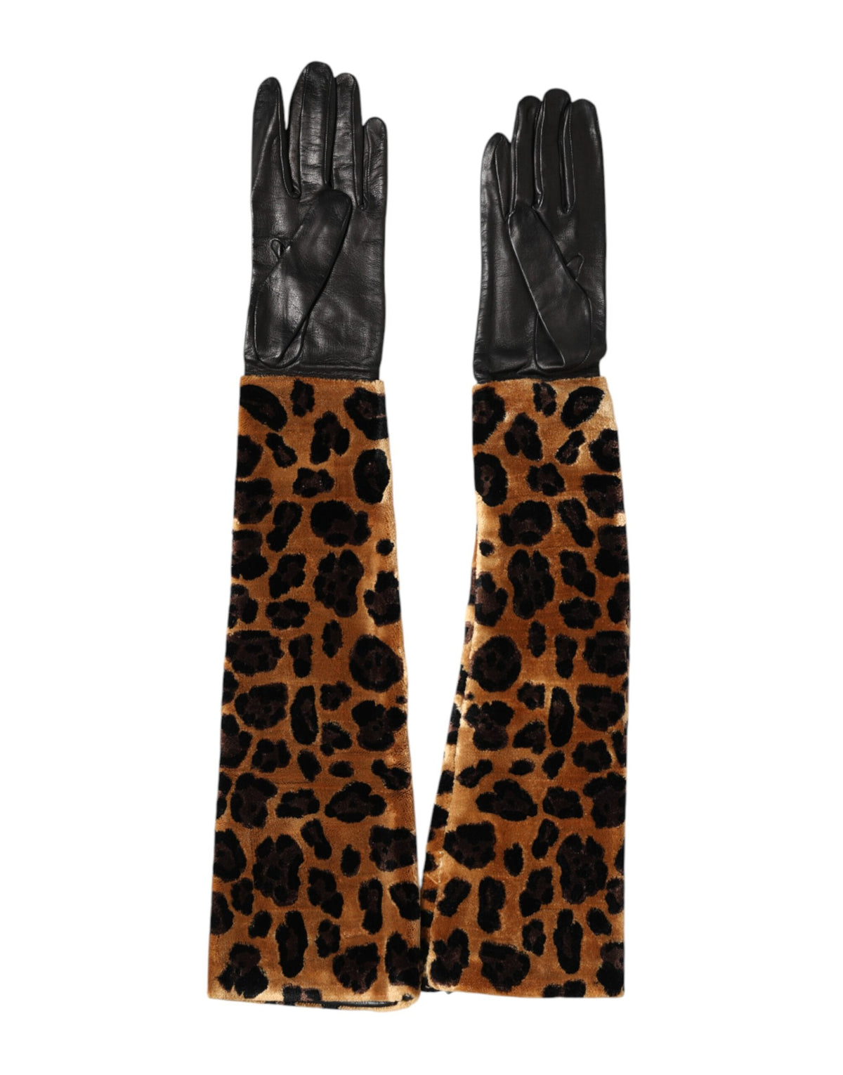 Dolce & Gabbana Brown Black Leopard Leather Elbow Length Mitten Women's Gloves