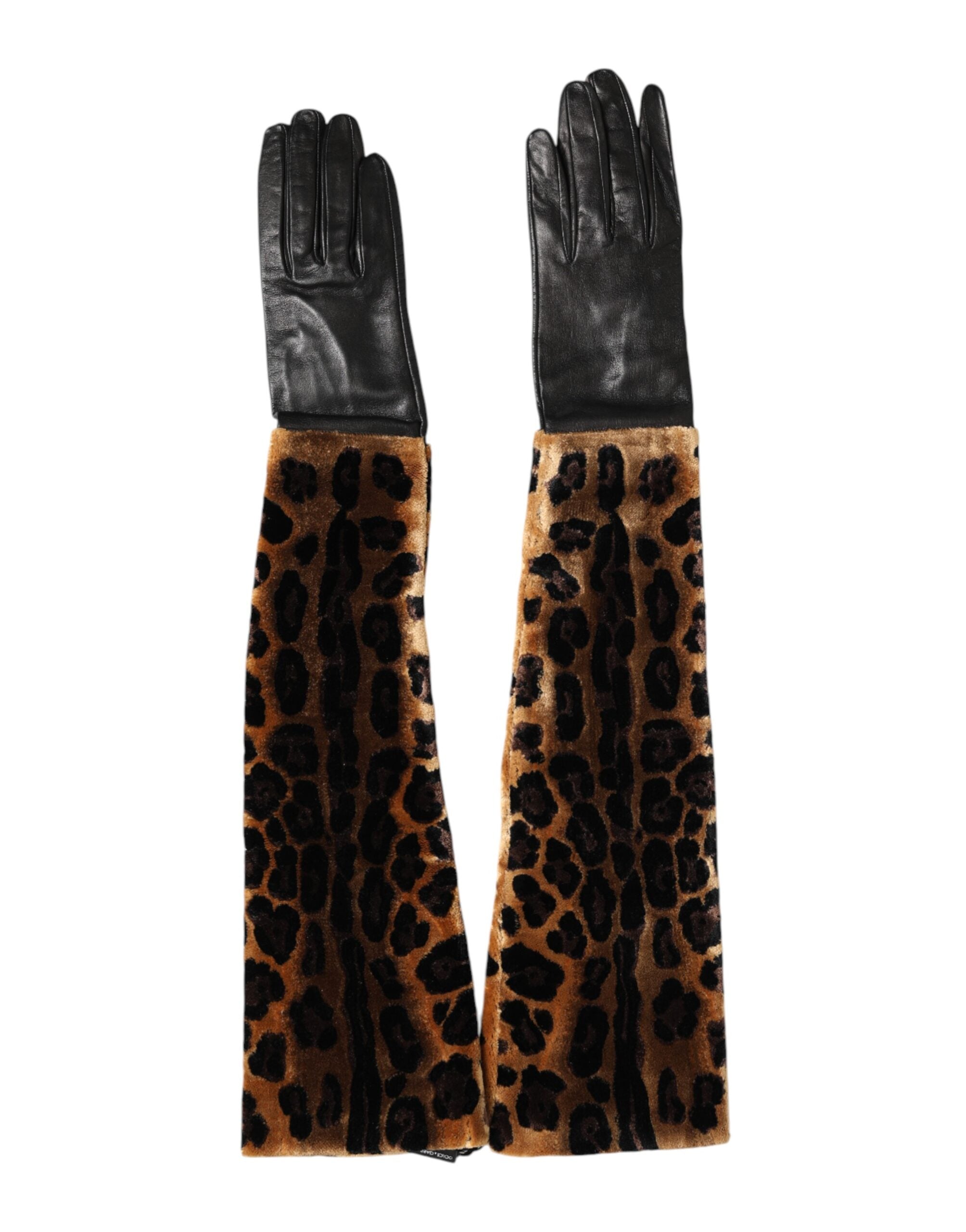 Dolce & Gabbana Brown Black Leopard Leather Elbow Length Mitten Women's Gloves