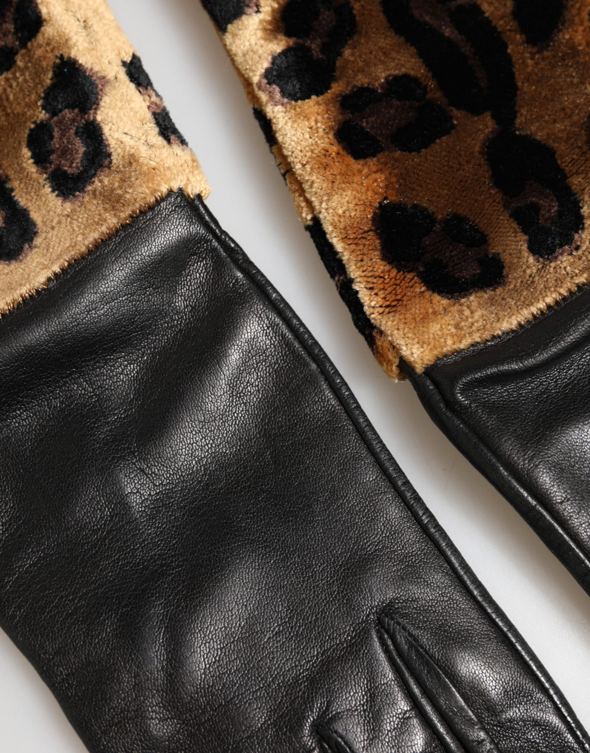 Dolce & Gabbana Brown Black Leopard Leather Elbow Length Mitten Women's Gloves