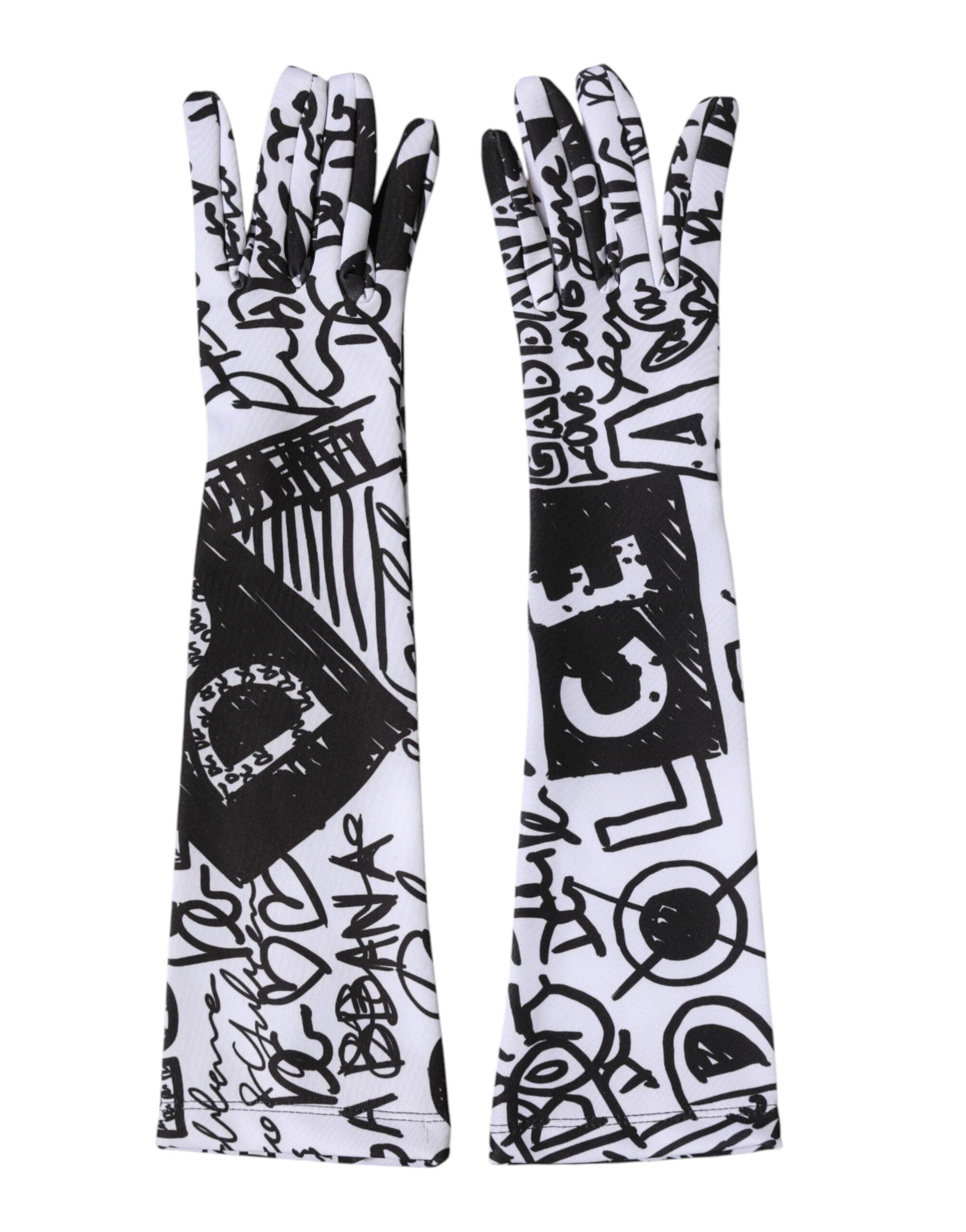 Dolce & Gabbana Gloves Black White DG Logo Elbow Length Women's Mitten