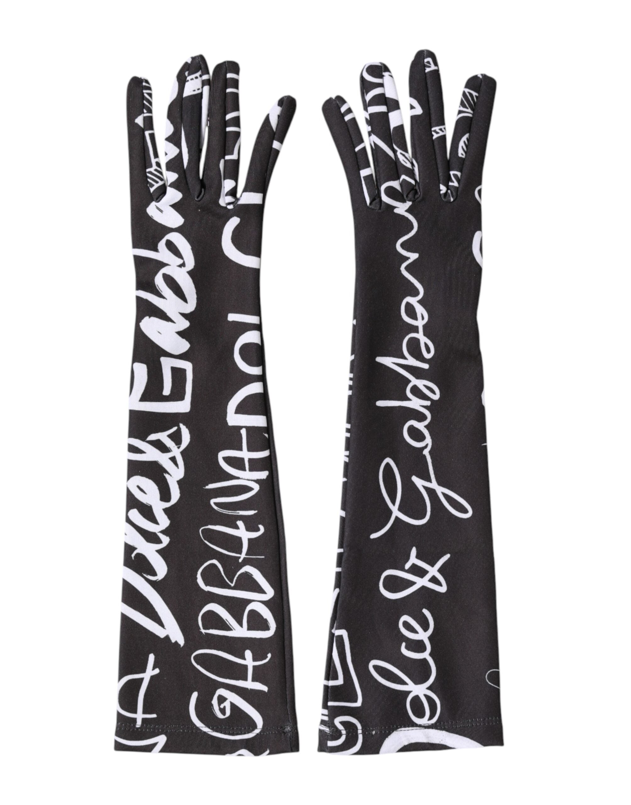 Dolce & Gabbana Black White DG Logo Elbow Length Mitten Women's Gloves