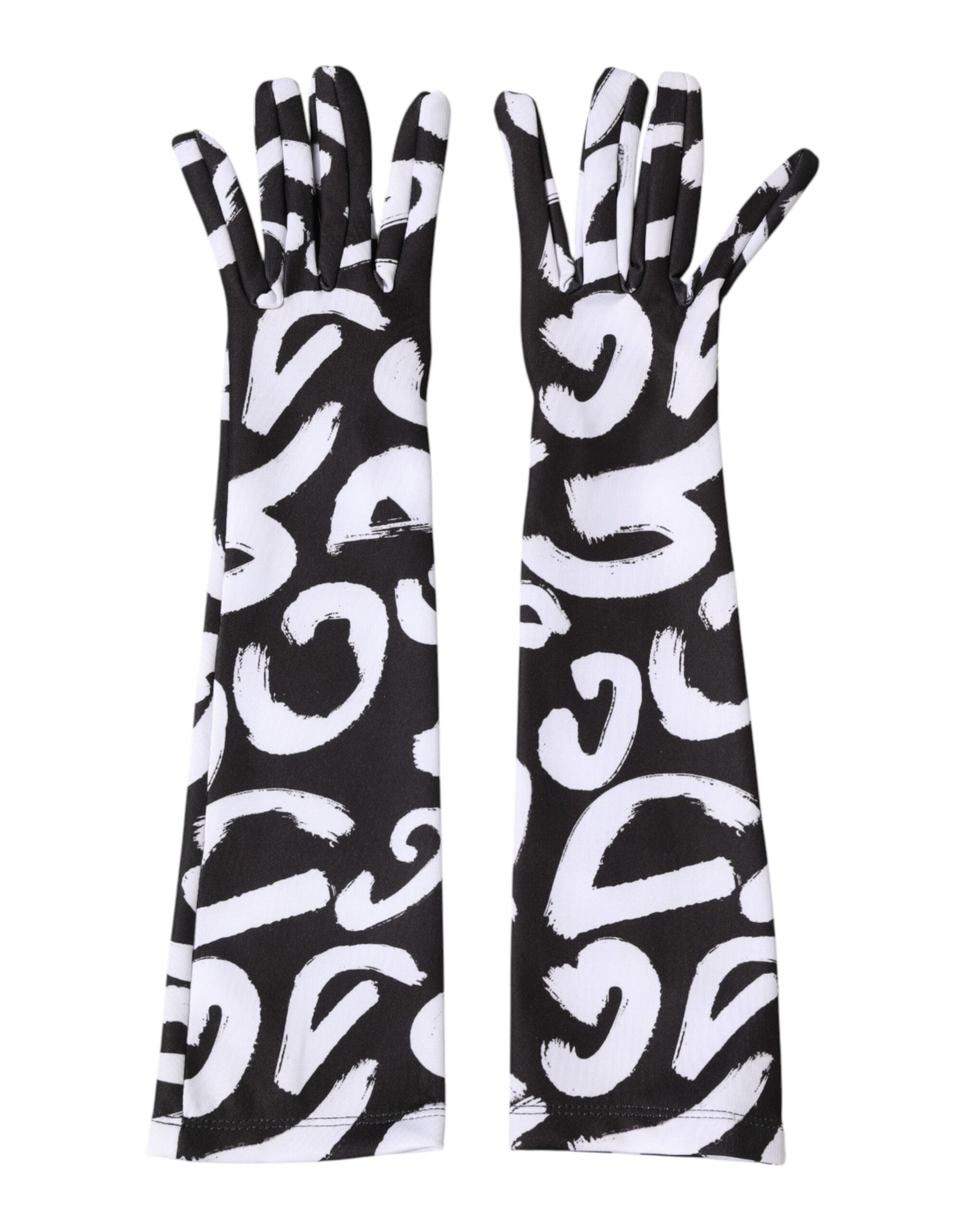 Dolce & Gabbana Black White DG Logo Elbow Length Mitten Women's Gloves