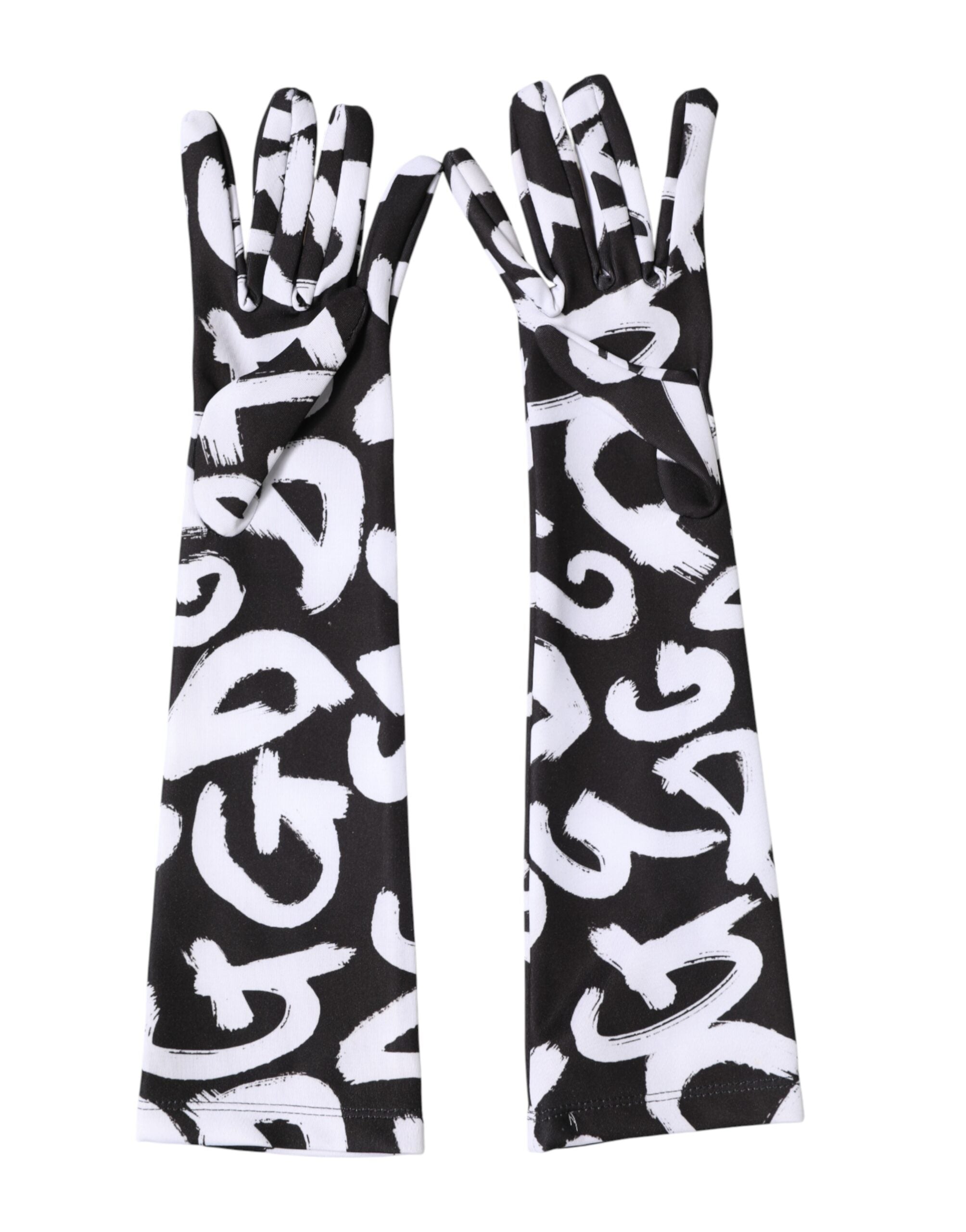 Dolce & Gabbana Black White DG Logo Elbow Length Mitten Women's Gloves
