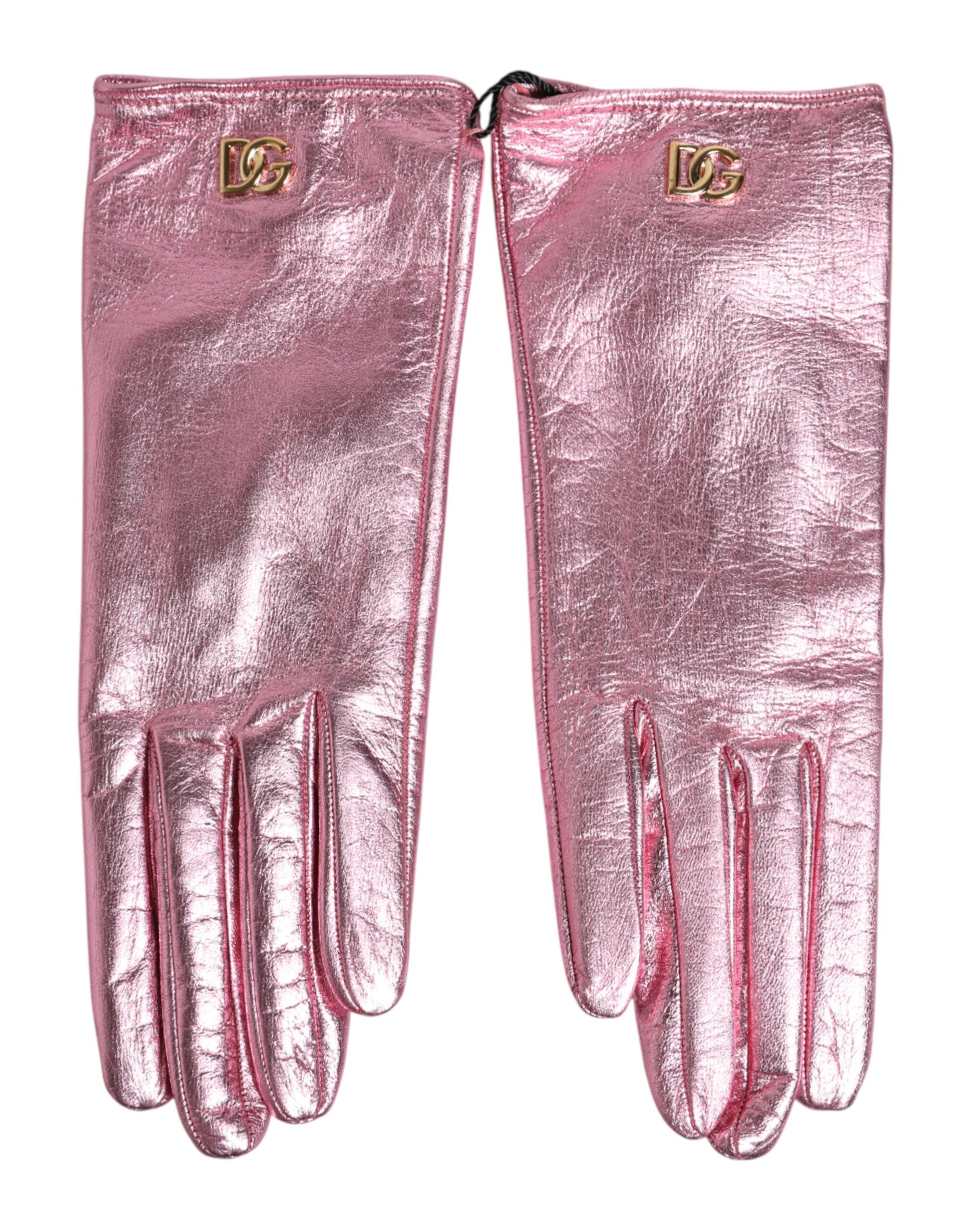Dolce & Gabbana Pink Leather DG Logo Wrist Length Mitten Women's Gloves