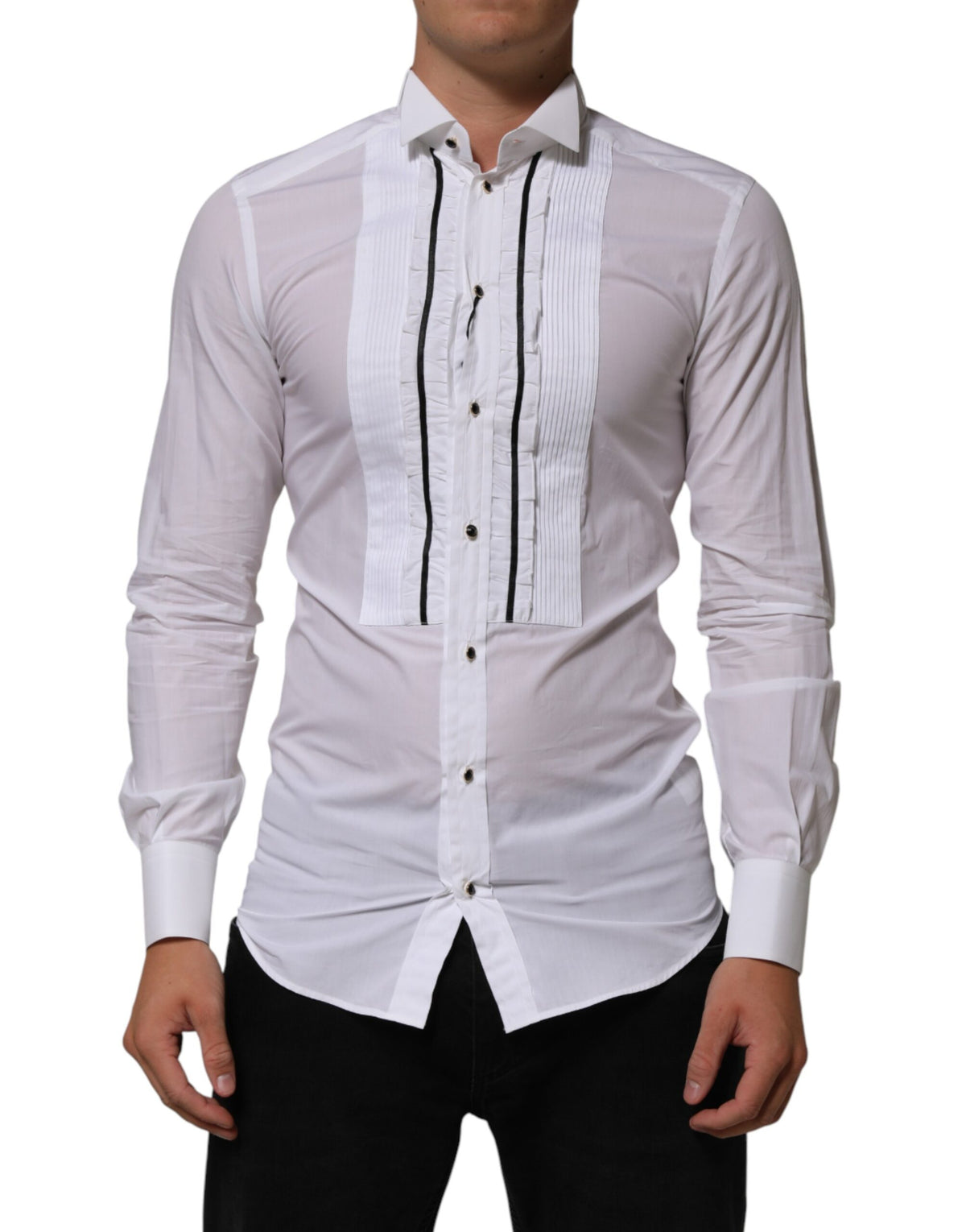 Dolce & Gabbana White Cotton Collared Long Sleeve GOLD Dress Men's Shirt