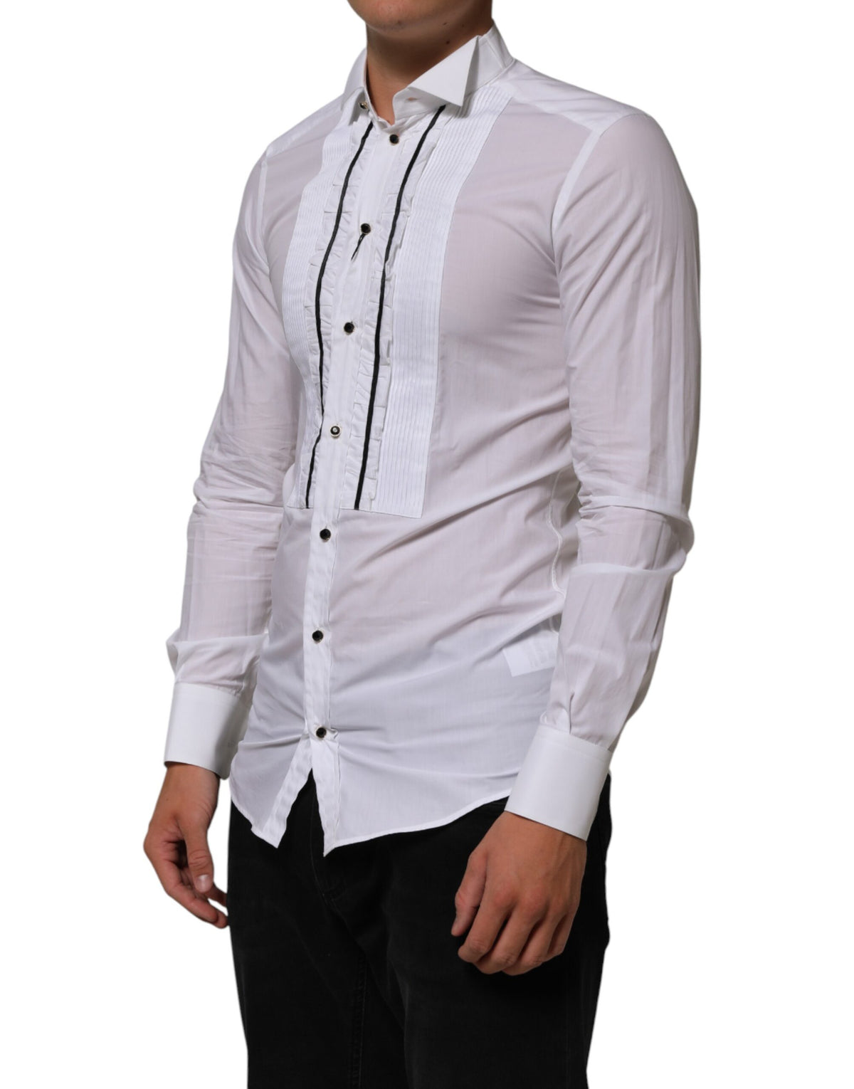 Dolce & Gabbana White Cotton Collared Long Sleeve GOLD Dress Men's Shirt