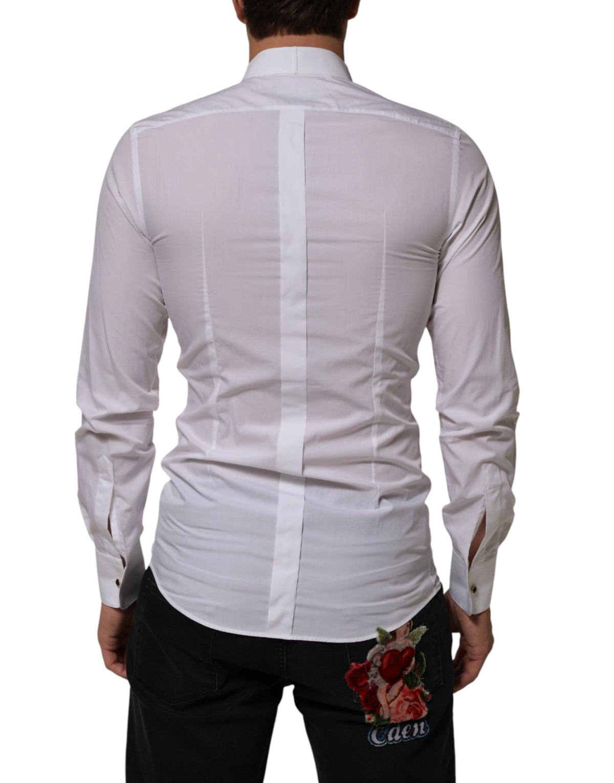 Dolce & Gabbana White Cotton Collared Long Sleeve GOLD Dress Men's Shirt