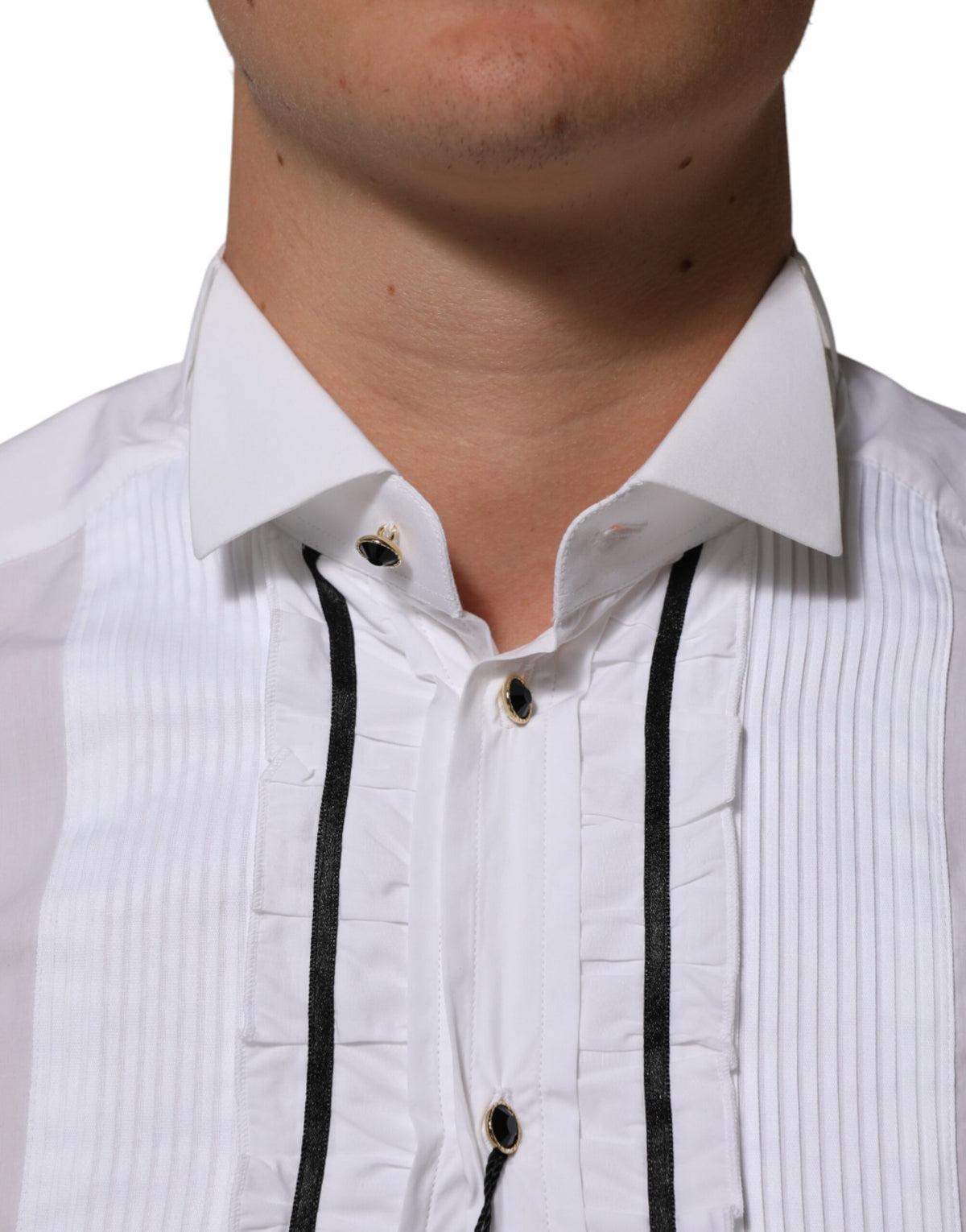 Dolce & Gabbana White Cotton Collared Long Sleeve GOLD Dress Men's Shirt