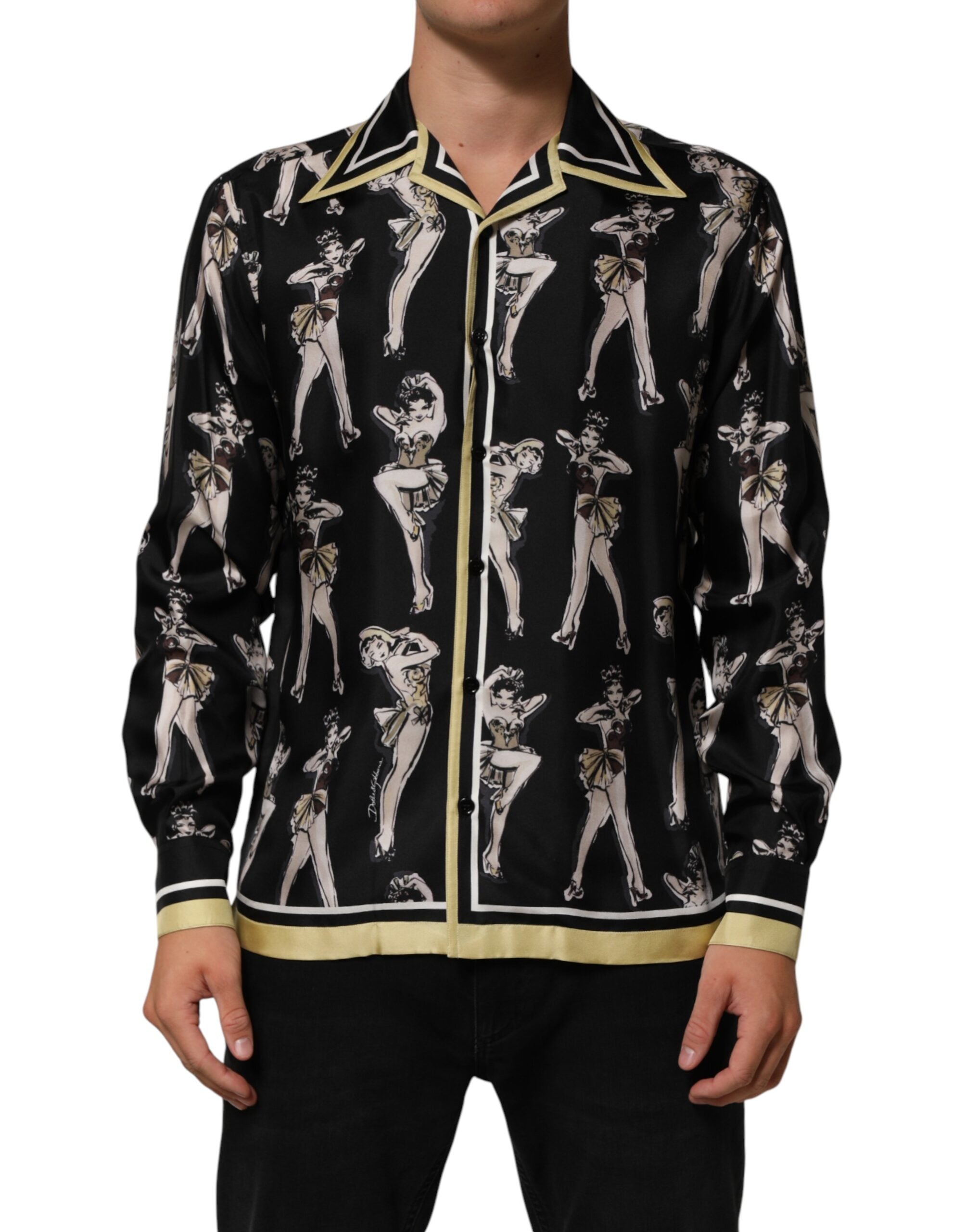 Dolce & Gabbana Black Silk Pin Up Printed Button Down Men's Shirt