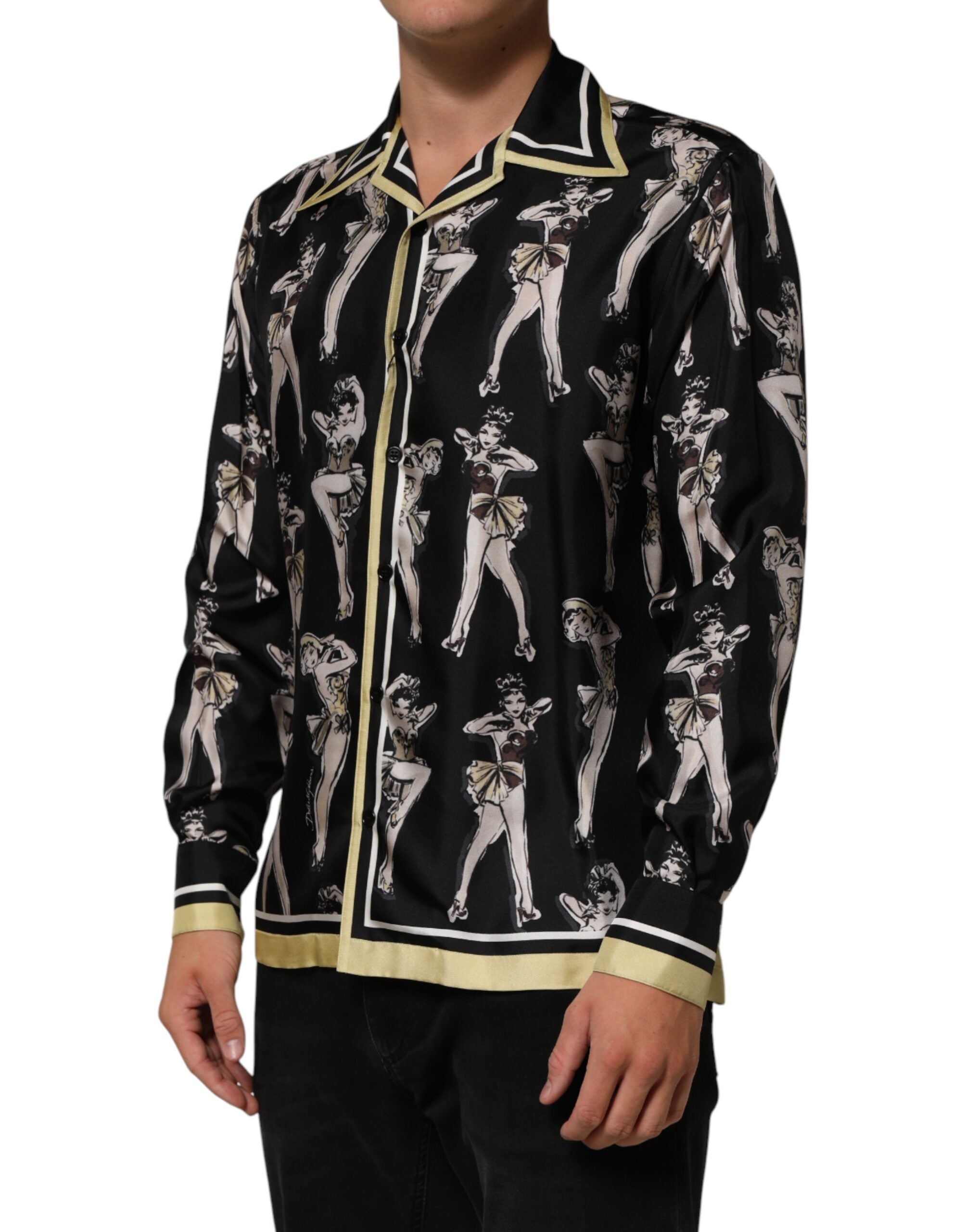 Dolce & Gabbana Black Silk Pin Up Printed Button Down Men's Shirt