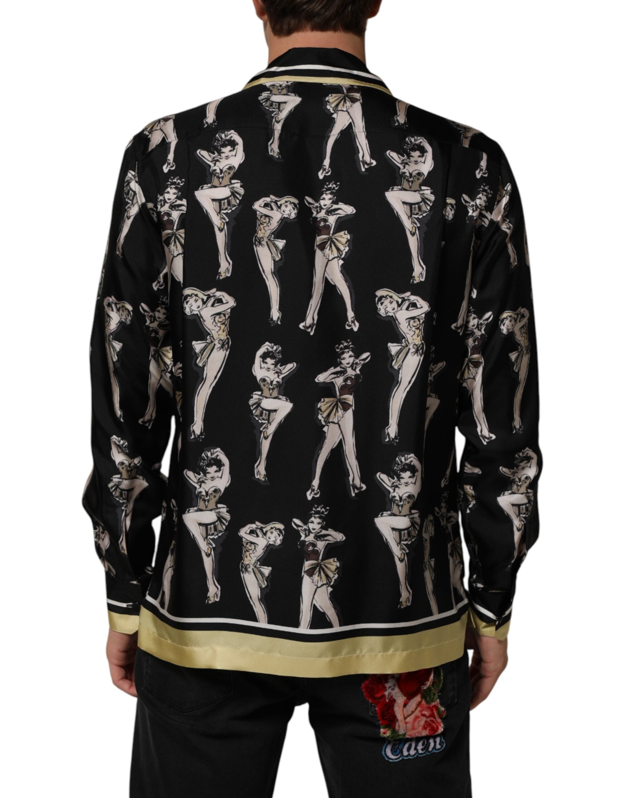 Dolce & Gabbana Black Silk Pin Up Printed Button Down Men's Shirt