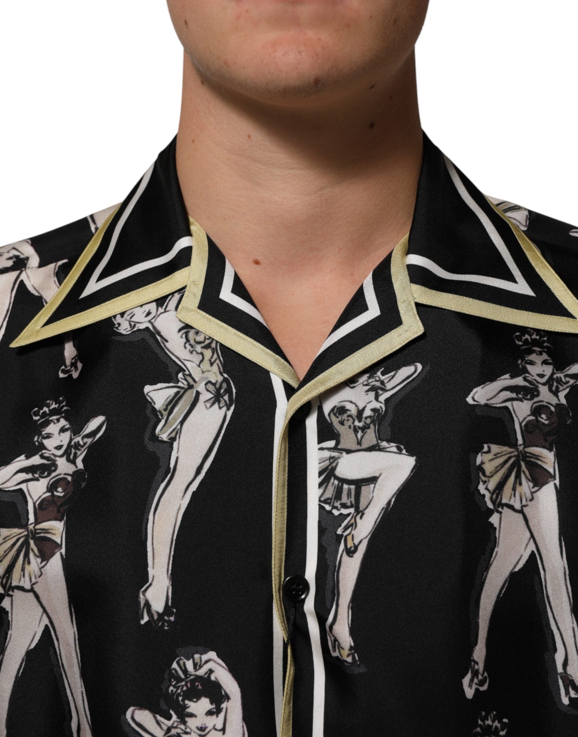Dolce & Gabbana Black Silk Pin Up Printed Button Down Men's Shirt