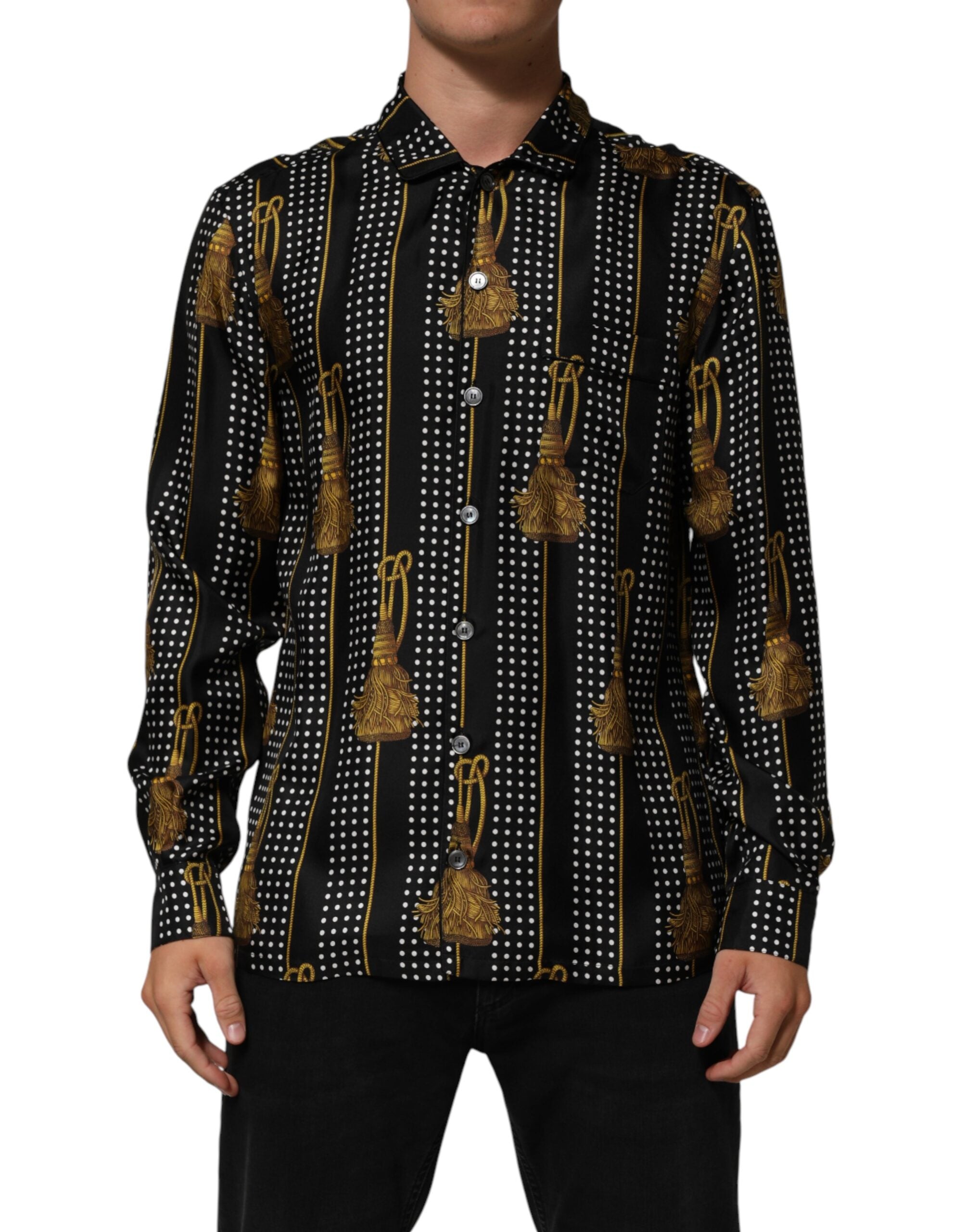 Dolce & Gabbana Black Dotted Tassel Silk Button Down Men's Shirt
