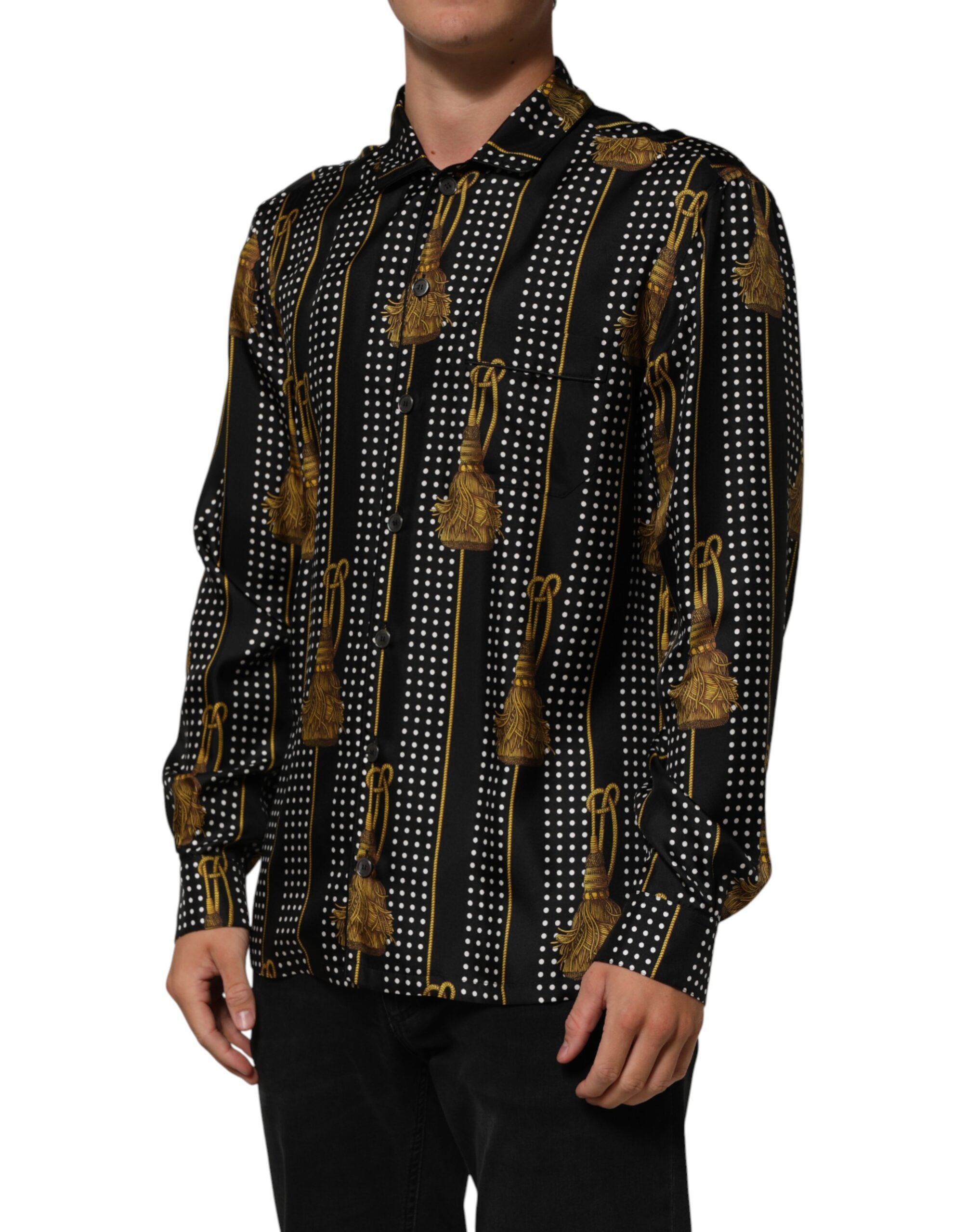 Dolce & Gabbana Black Dotted Tassel Silk Button Down Men's Shirt