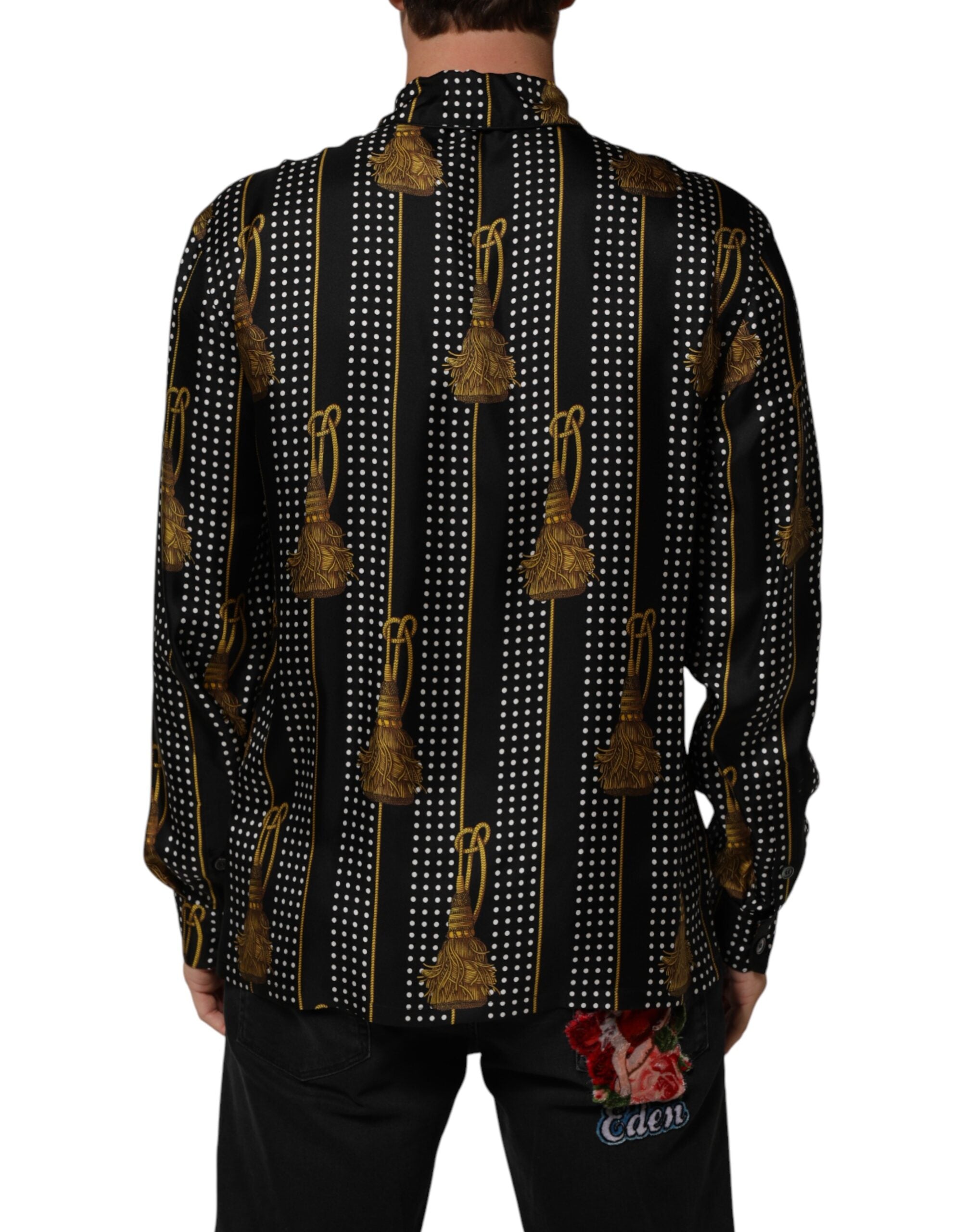 Dolce & Gabbana Black Dotted Tassel Silk Button Down Men's Shirt