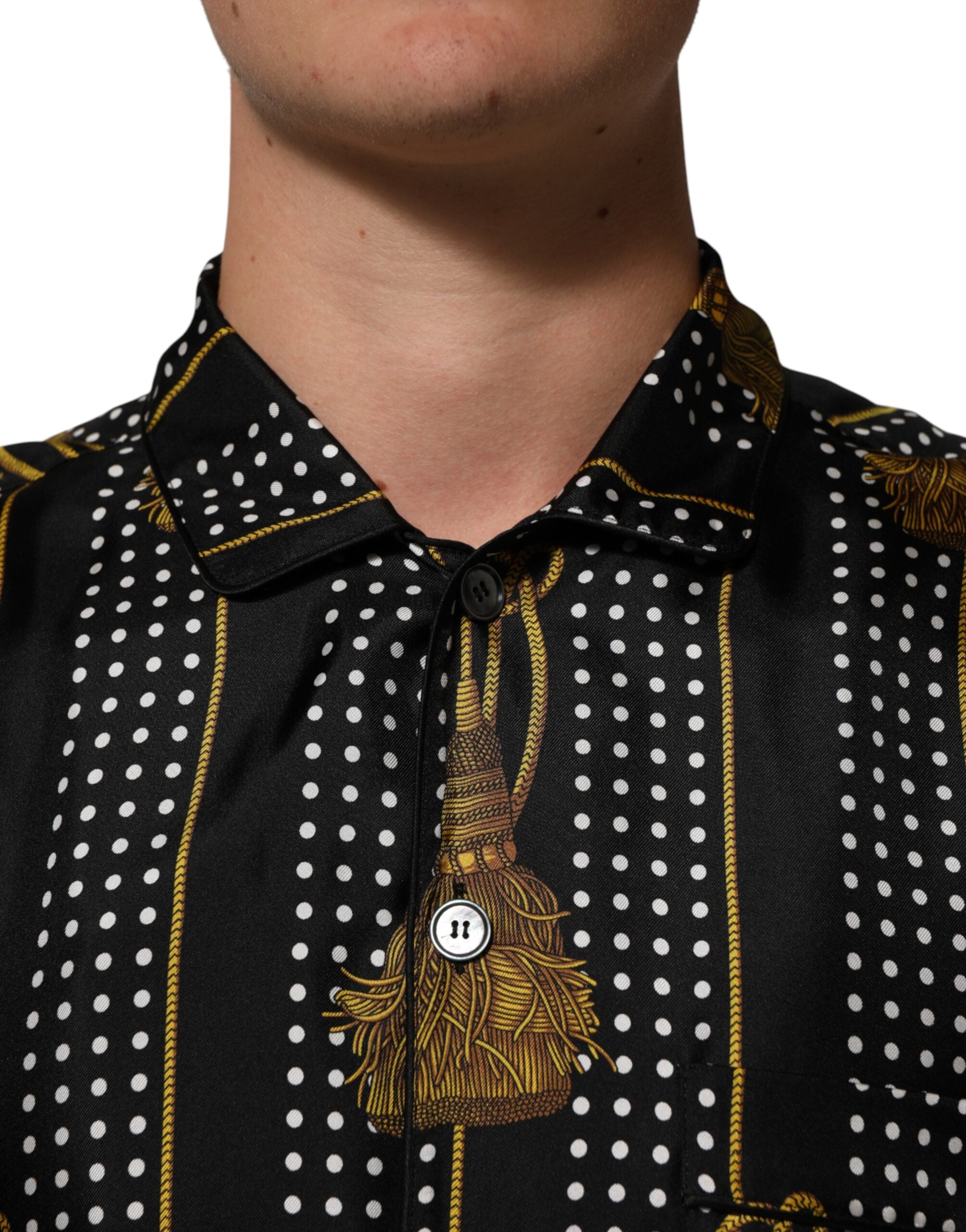 Dolce & Gabbana Black Dotted Tassel Silk Button Down Men's Shirt