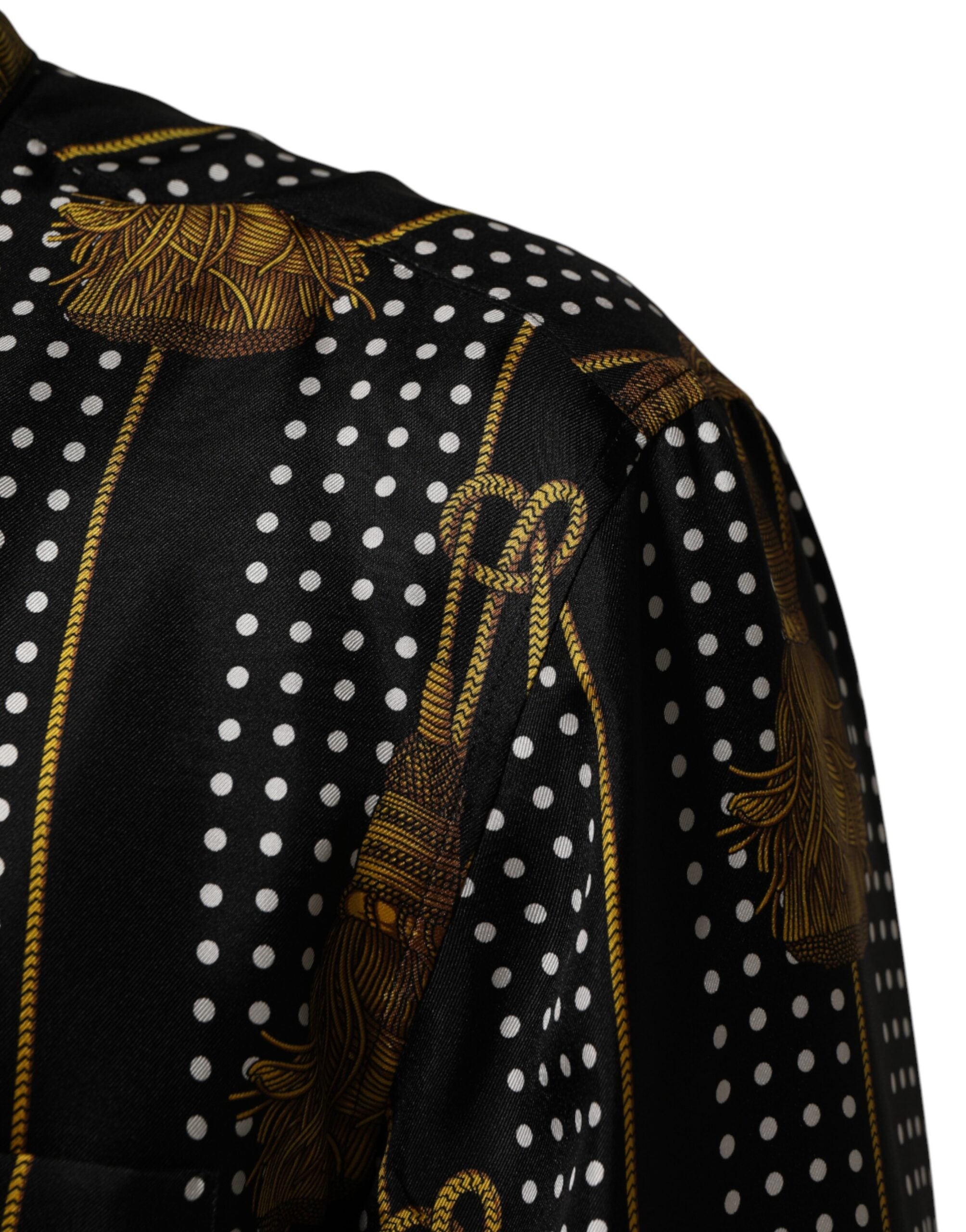 Dolce & Gabbana Black Dotted Tassel Silk Button Down Men's Shirt