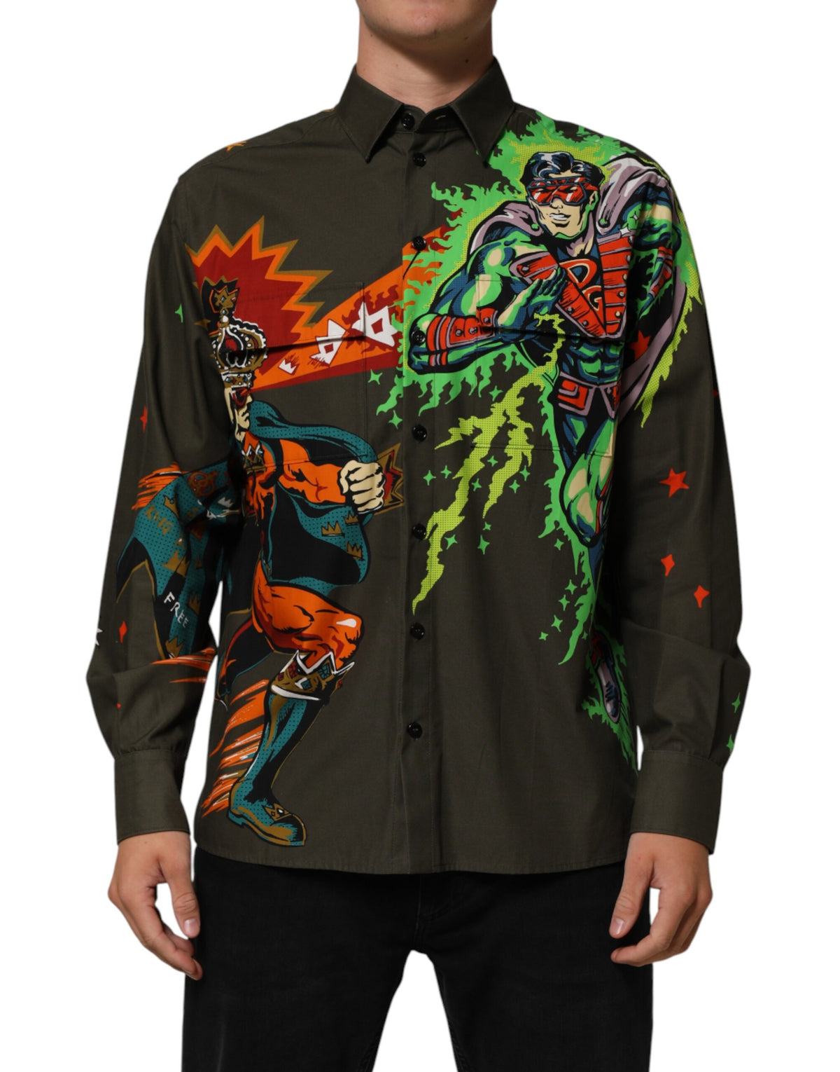 Dolce & Gabbana Green Superhero Print Button Down Men's Shirt