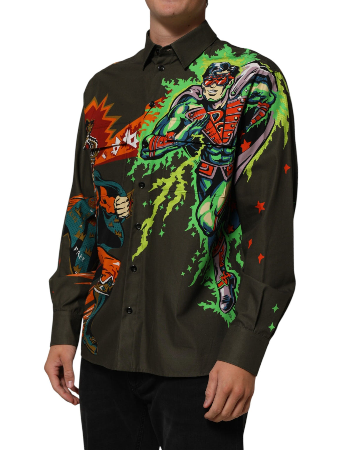 Dolce & Gabbana Green Superhero Print Button Down Men's Shirt